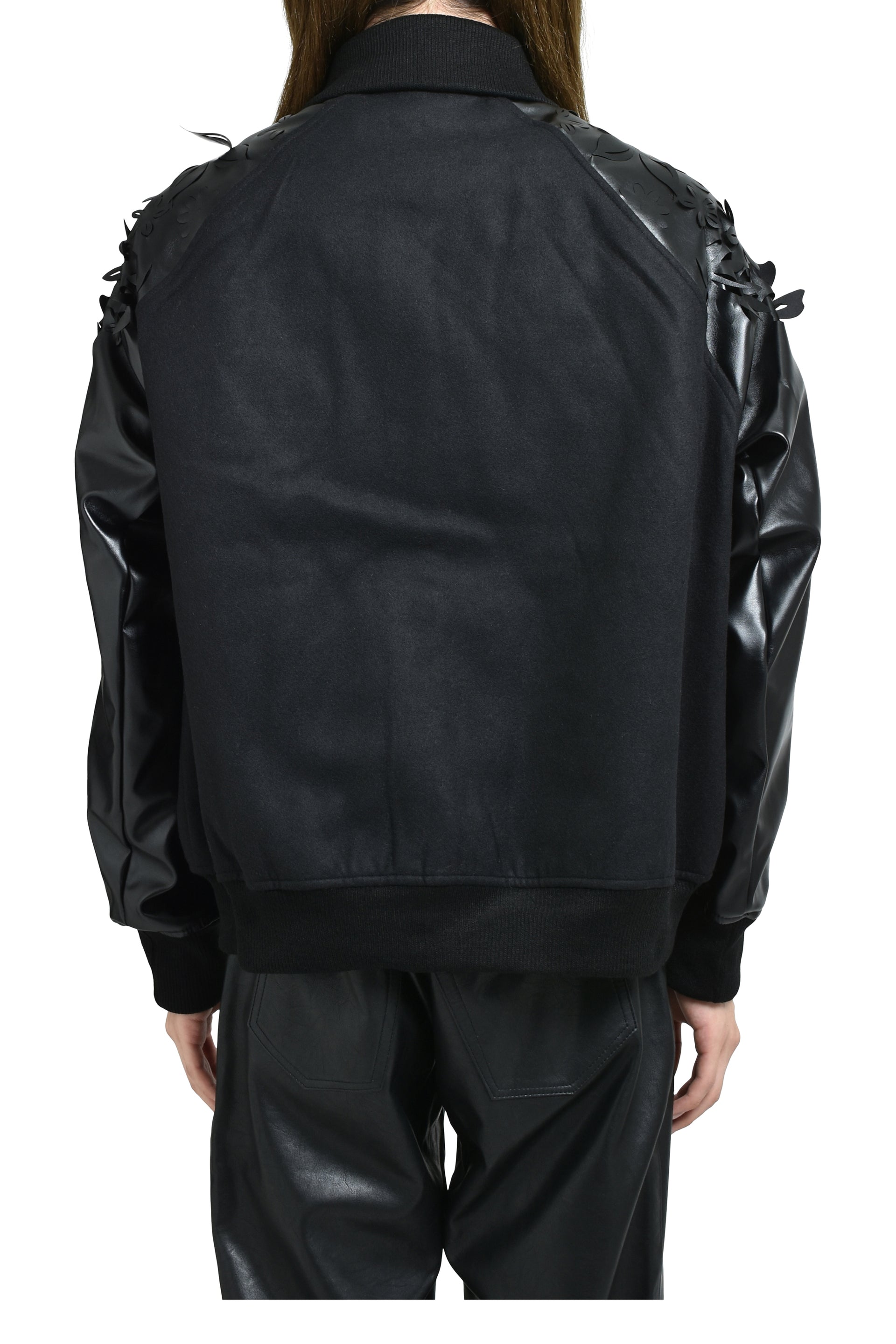 LASER-CUT FLOWER VARSITY JACKET / BLK