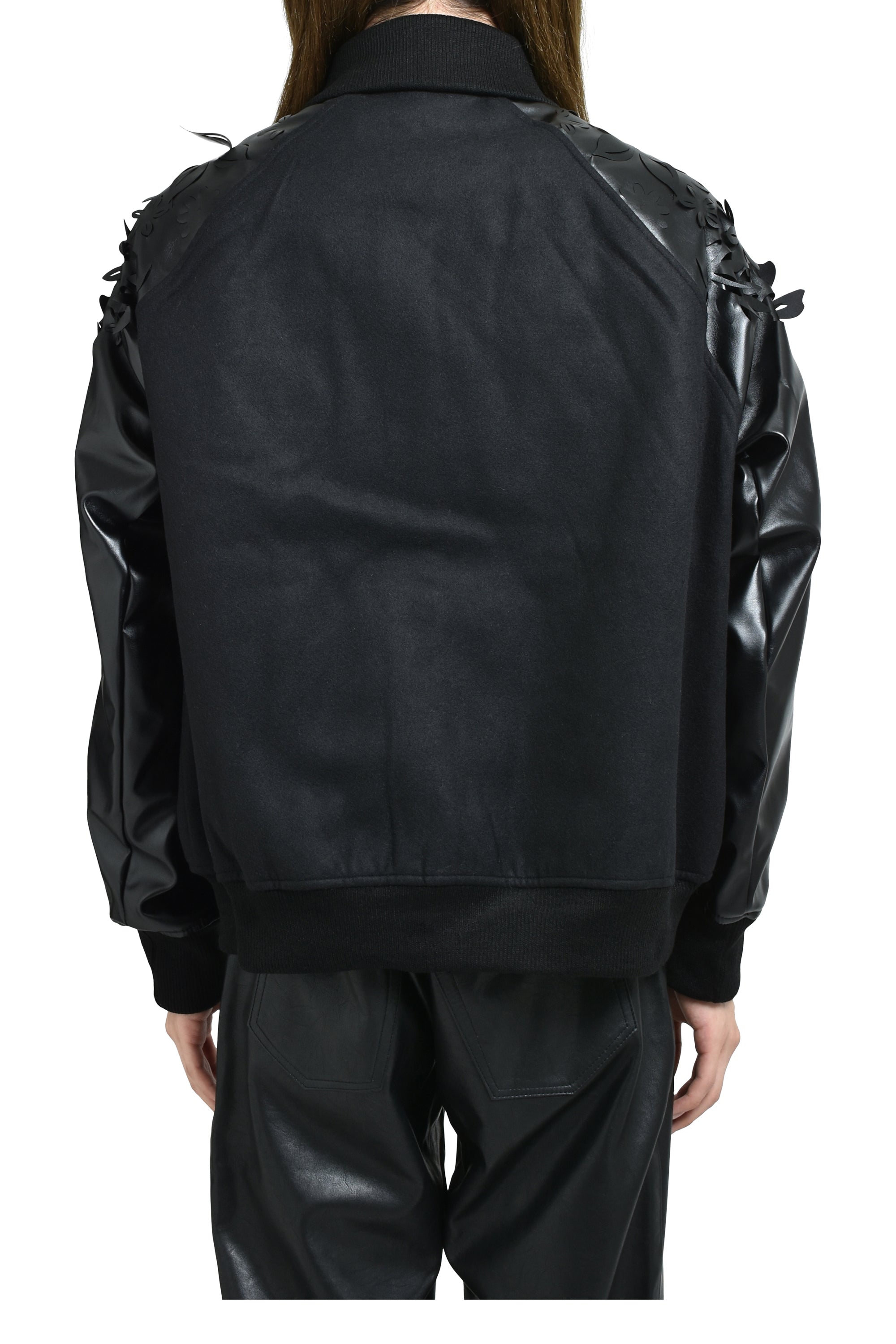 LASER-CUT FLOWER VARSITY JACKET / BLK