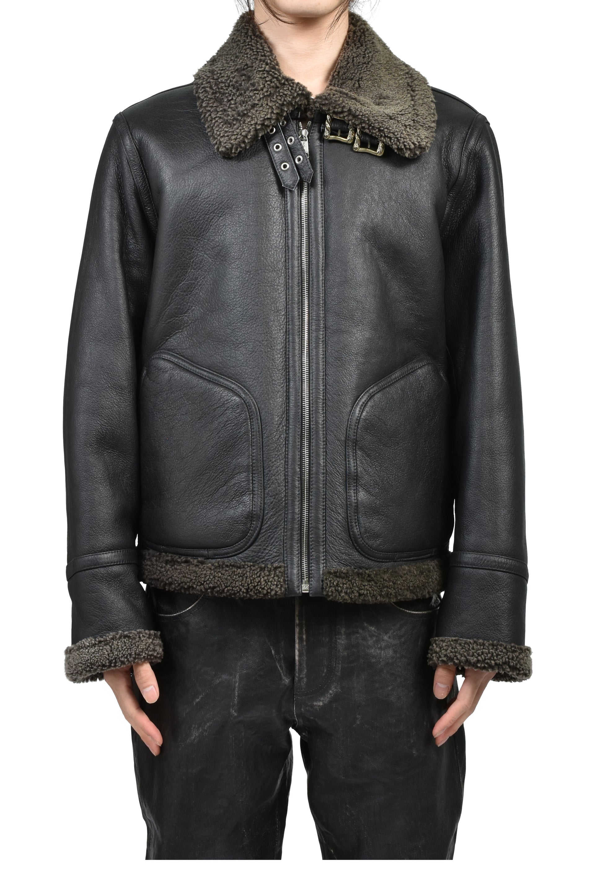 SERBIAN SHEARLING ZIP JACKET / BLK GRY