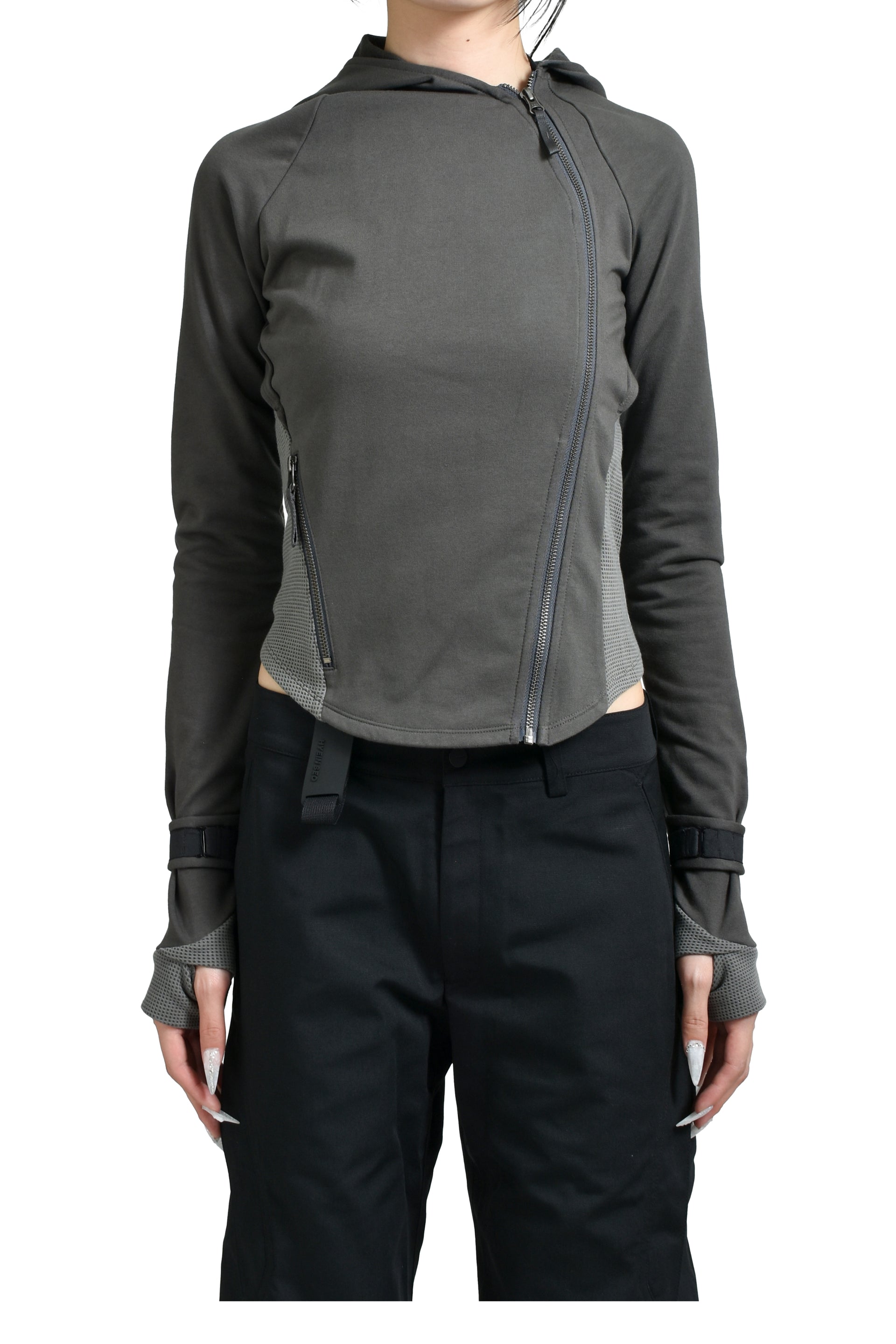 HOODED ASYMMETRIC ZIP TOP / DARK GRY