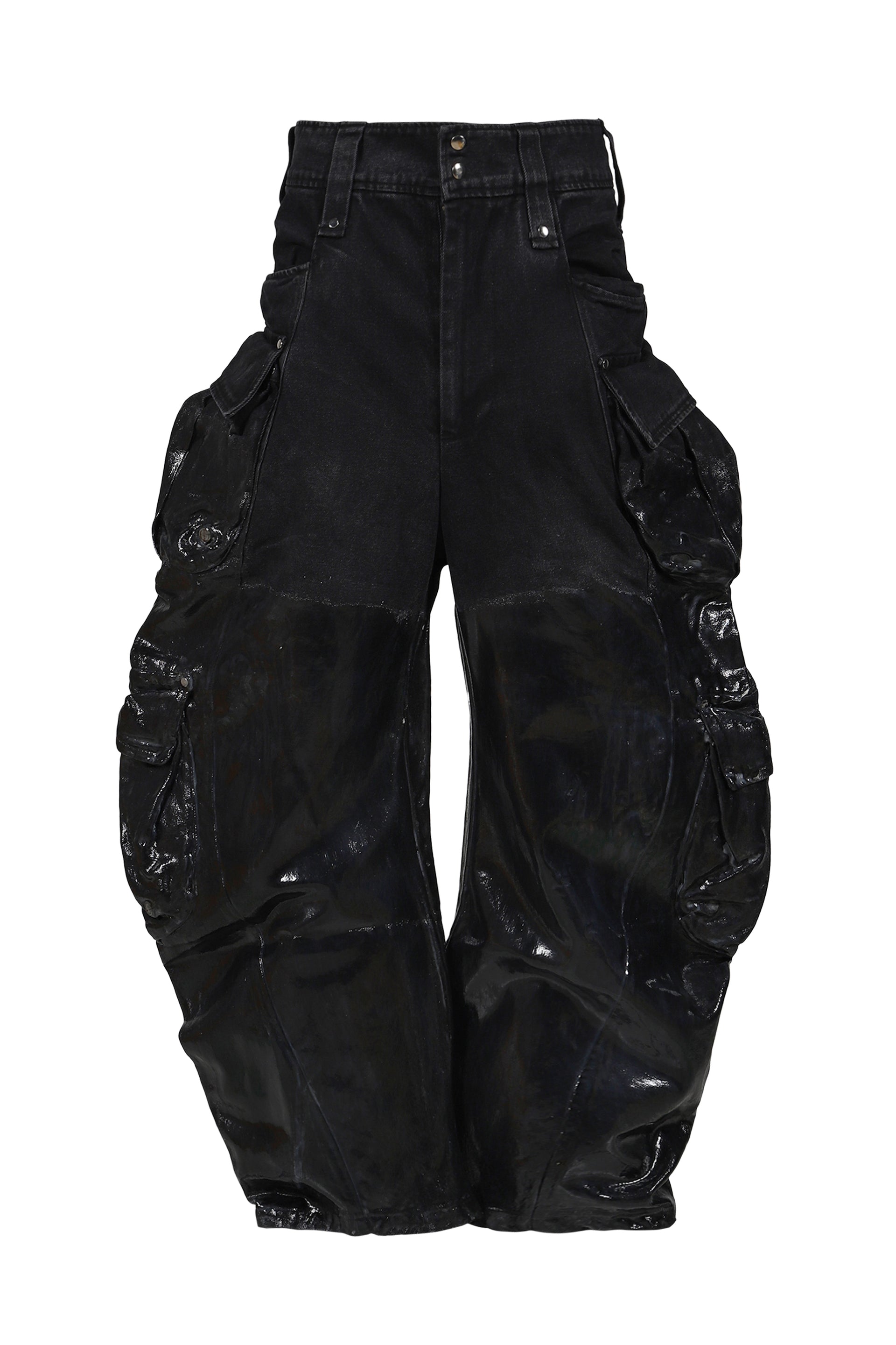 CANNNONE CARGO X4 PANTS / BLK DENIM WASH SILICONE DIPPED