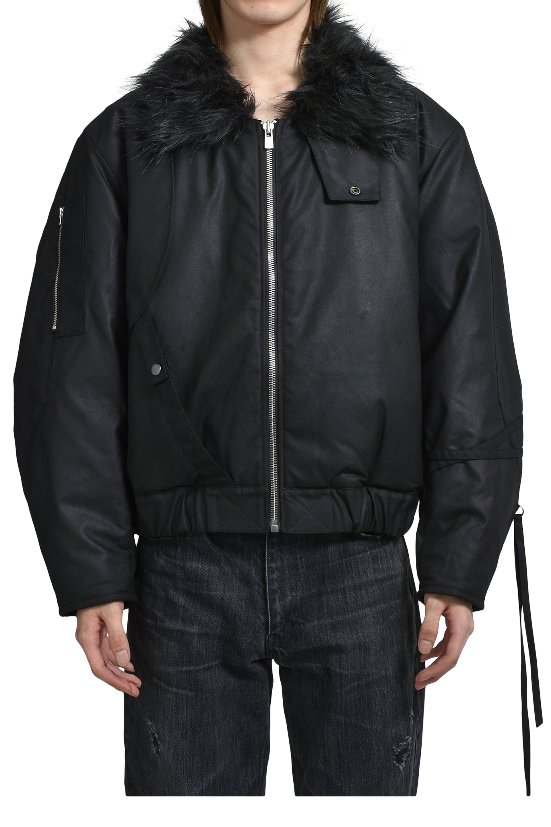 PRINTED FAUX FUR BOMBER JACKET / BLK