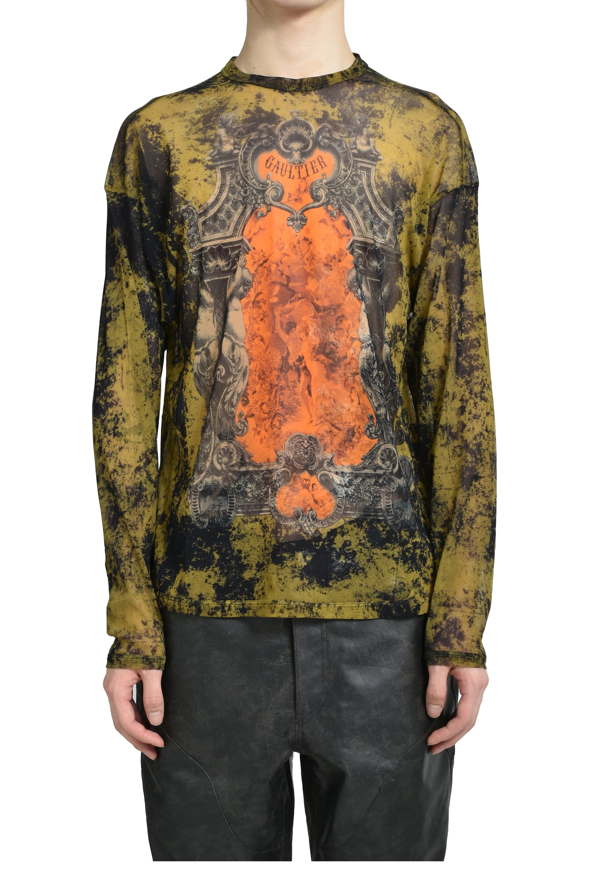 MESH OVERSIZED CREW NECK TOP PRINTED "MEDAILLON" / BLK/KHA/ORG