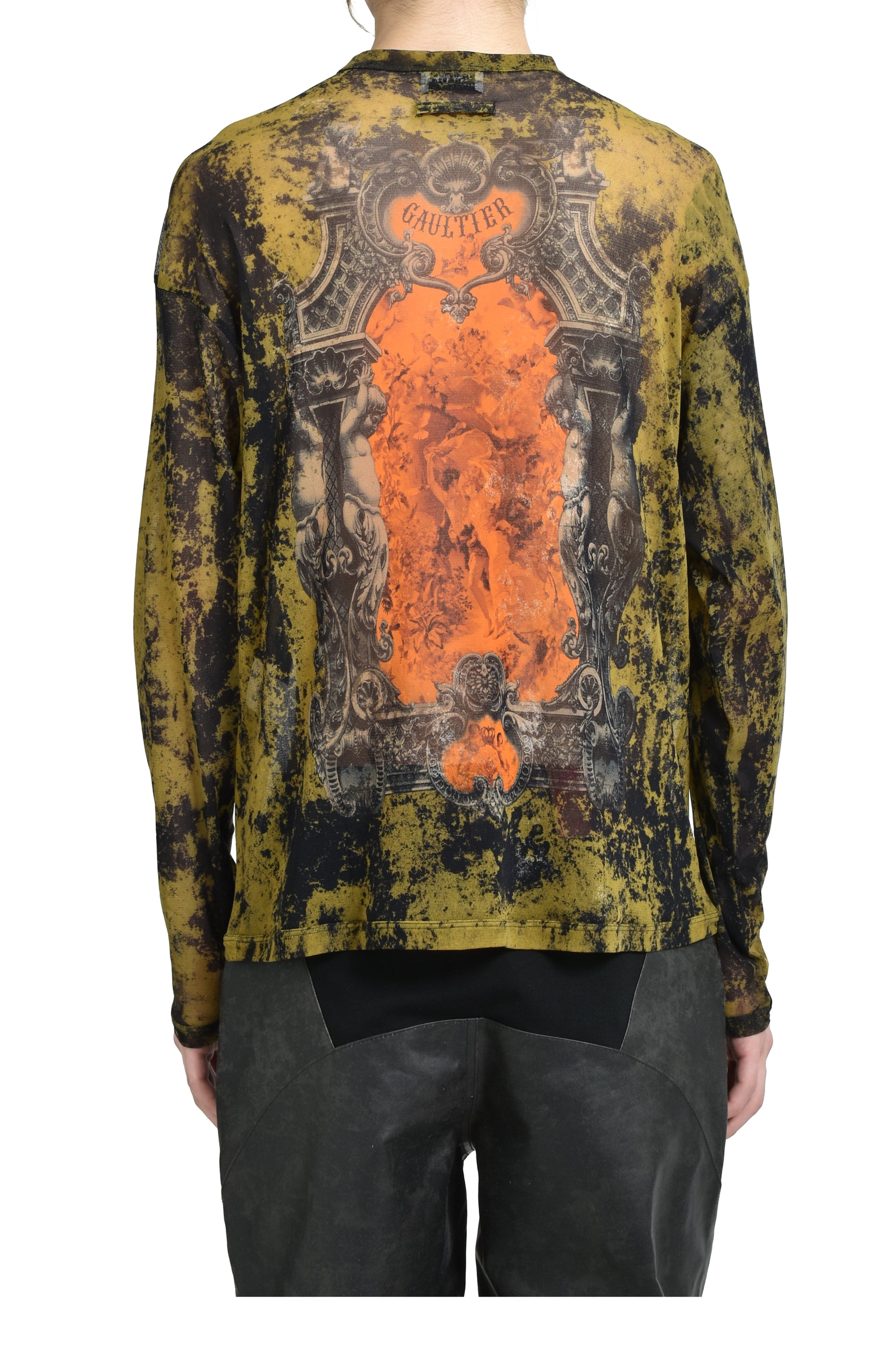 MESH OVERSIZED CREW NECK TOP PRINTED "MEDAILLON" / BLK/KHA/ORG
