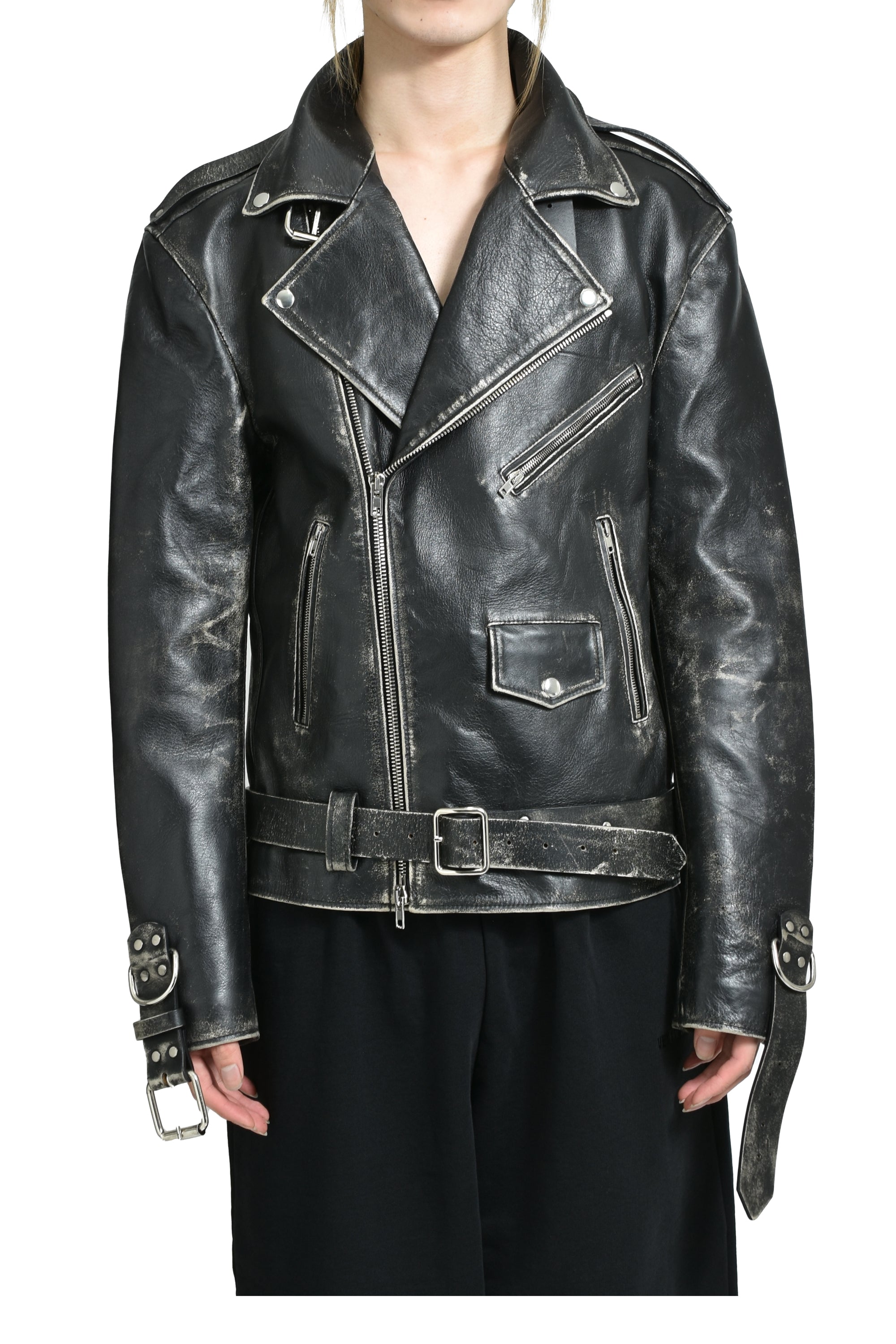 DISTRESSED BONDAGE BIKER JACEKT / BLK