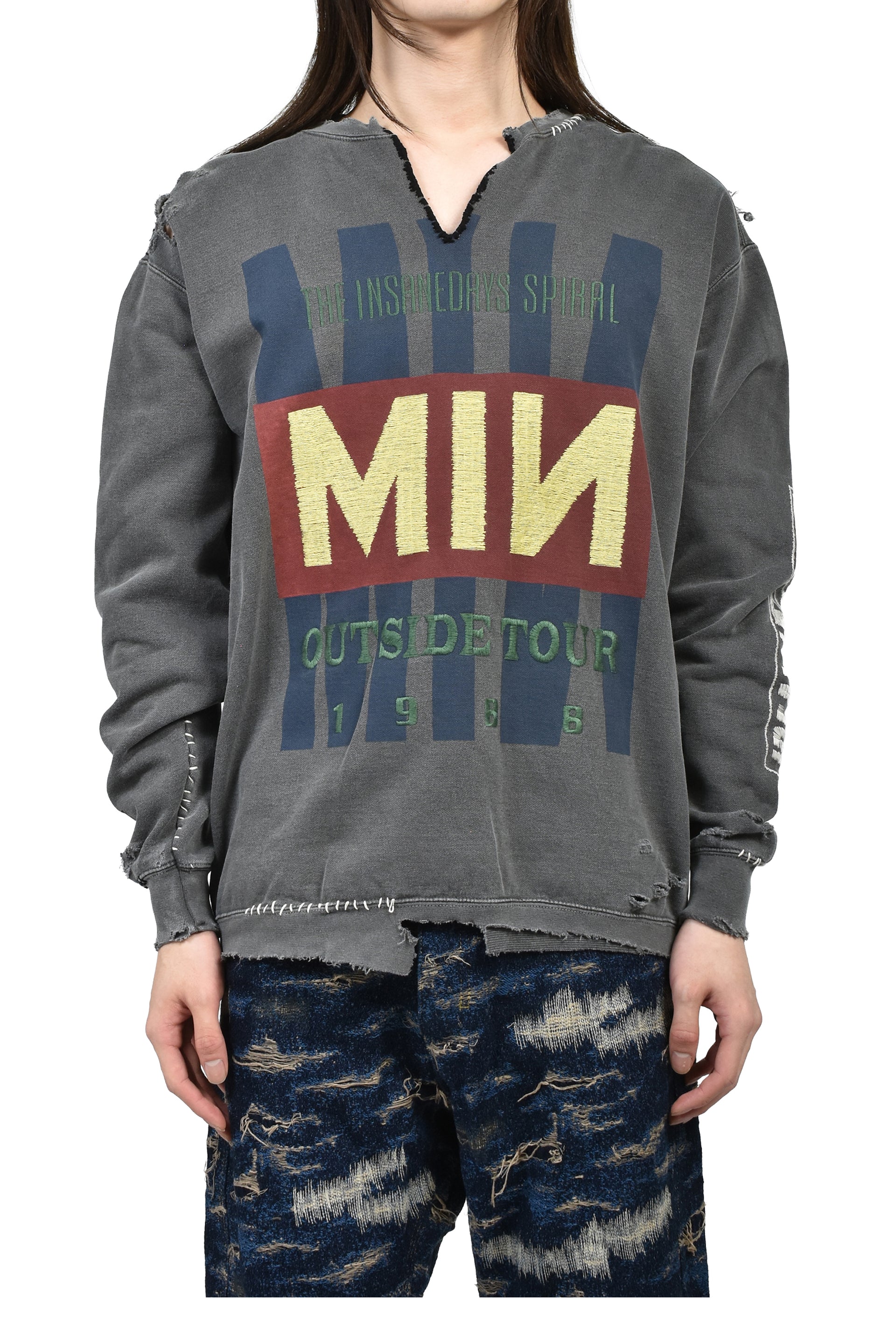 BOOTLEG DIY CREW SWEAT WITH REPAIRED(OUTSIDE TOUR) / AGED BLK