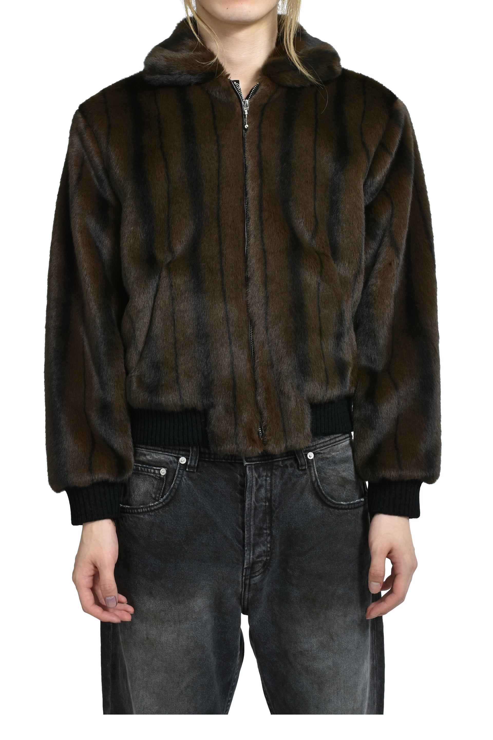 FAUX-MINK HARRINGTON JACKET / BLK BRW