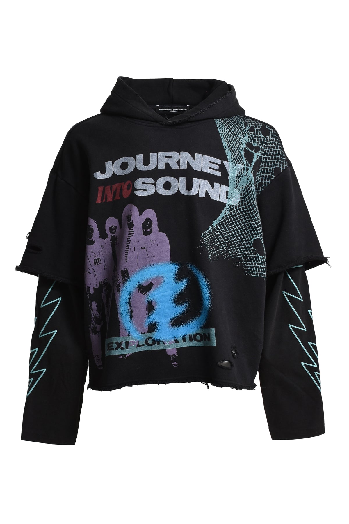 GRAPHIC EMBROIDERY DISTRESSED LAYERED HOODIE / BLK