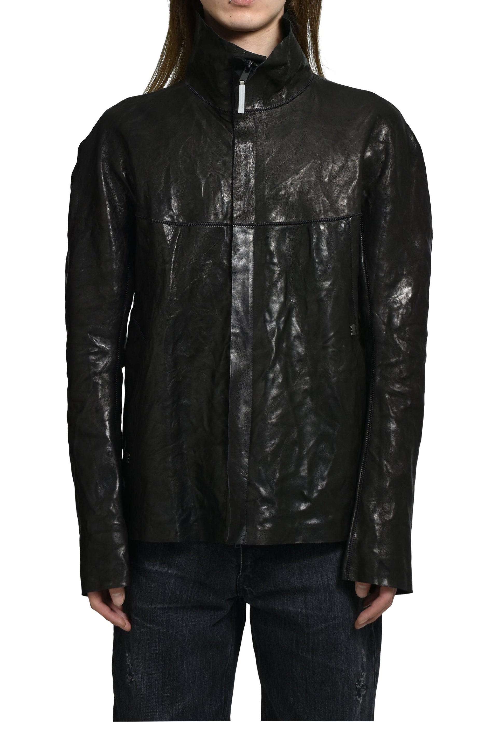 "HUMANOID" HIGH NECK LEATHER JACKET / BLK