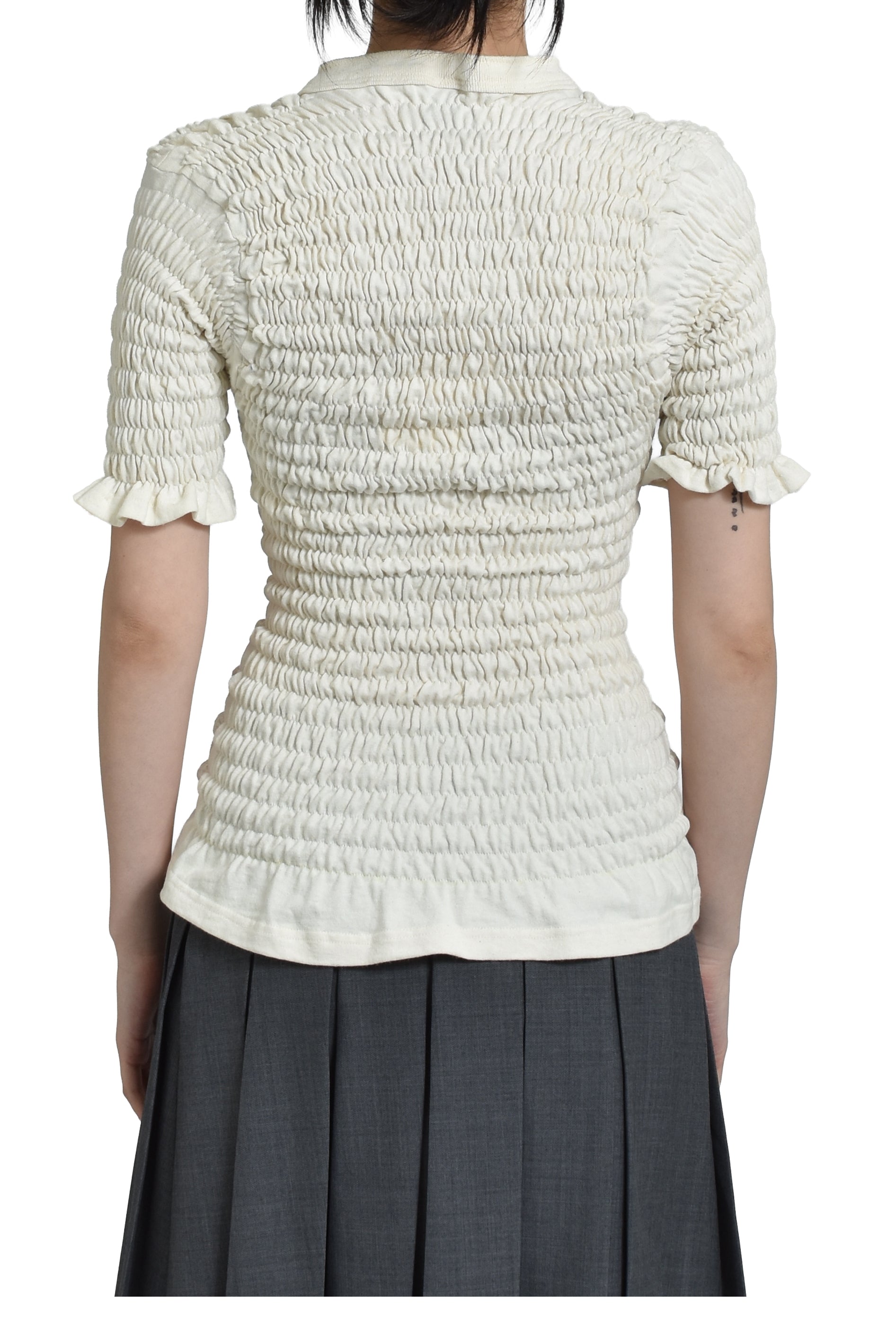 RECONSTITUTED SHIRRED HENLEY T-SHIRT / WHT