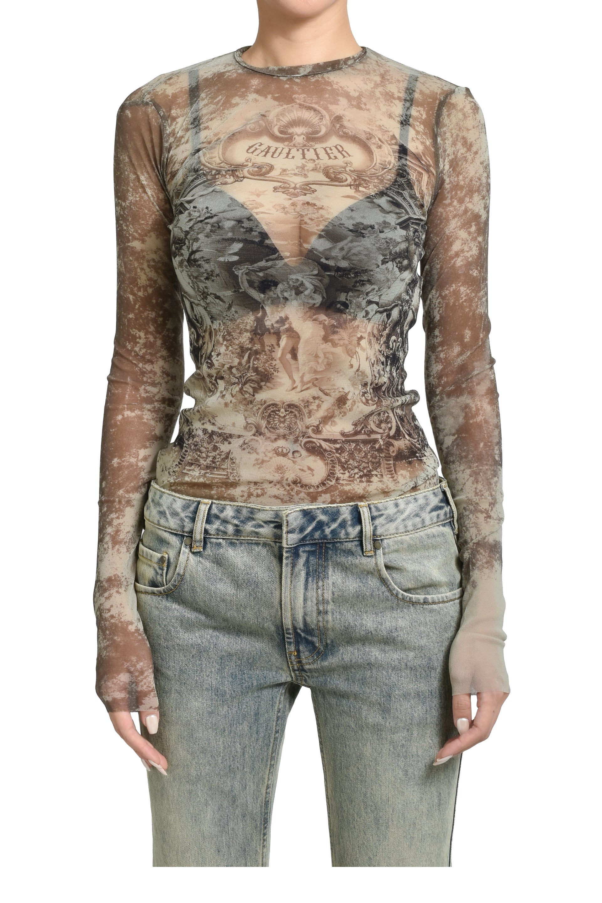 MESH LONG SLEEVES TOP PRINTED "M_DAILLON" / LIGHTBEI TAUPE