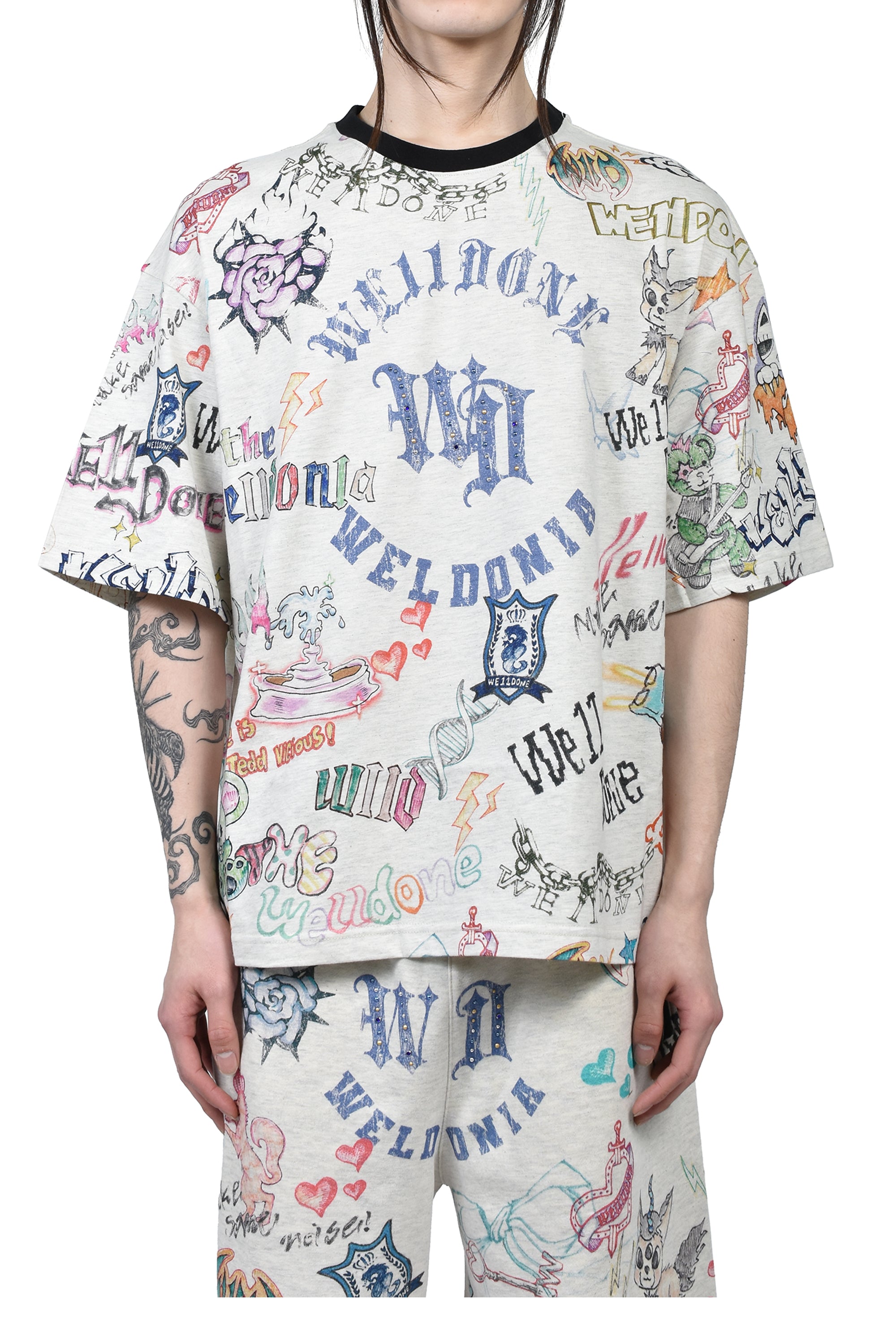 We11done ウェルダン SS26 DOODLE PRINTED T-SHIRT / M/GREY - NUBIAN