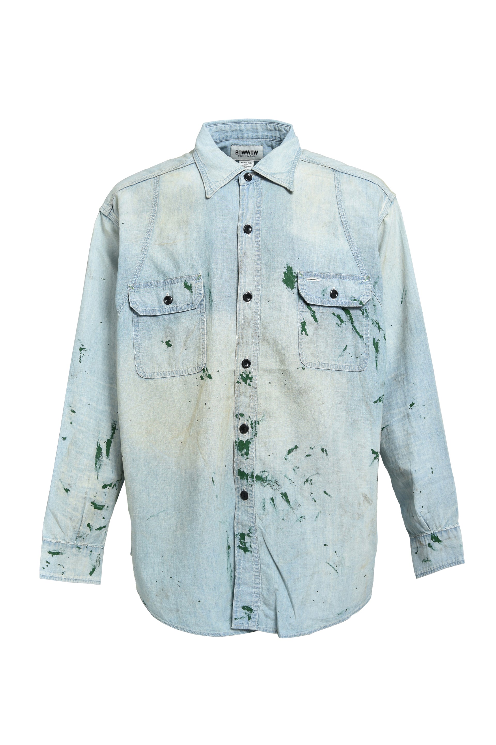 PAINT STAINED CHAMBRAY SHIRT, VENT HOLES / AGED IND