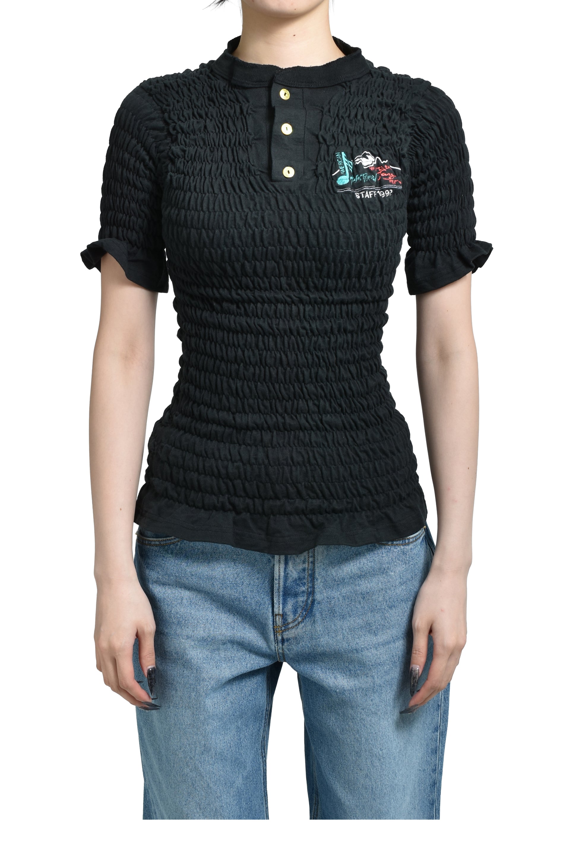 RECONSTITUTED SHIRRED HENLEY T-SHIRT / BLK
