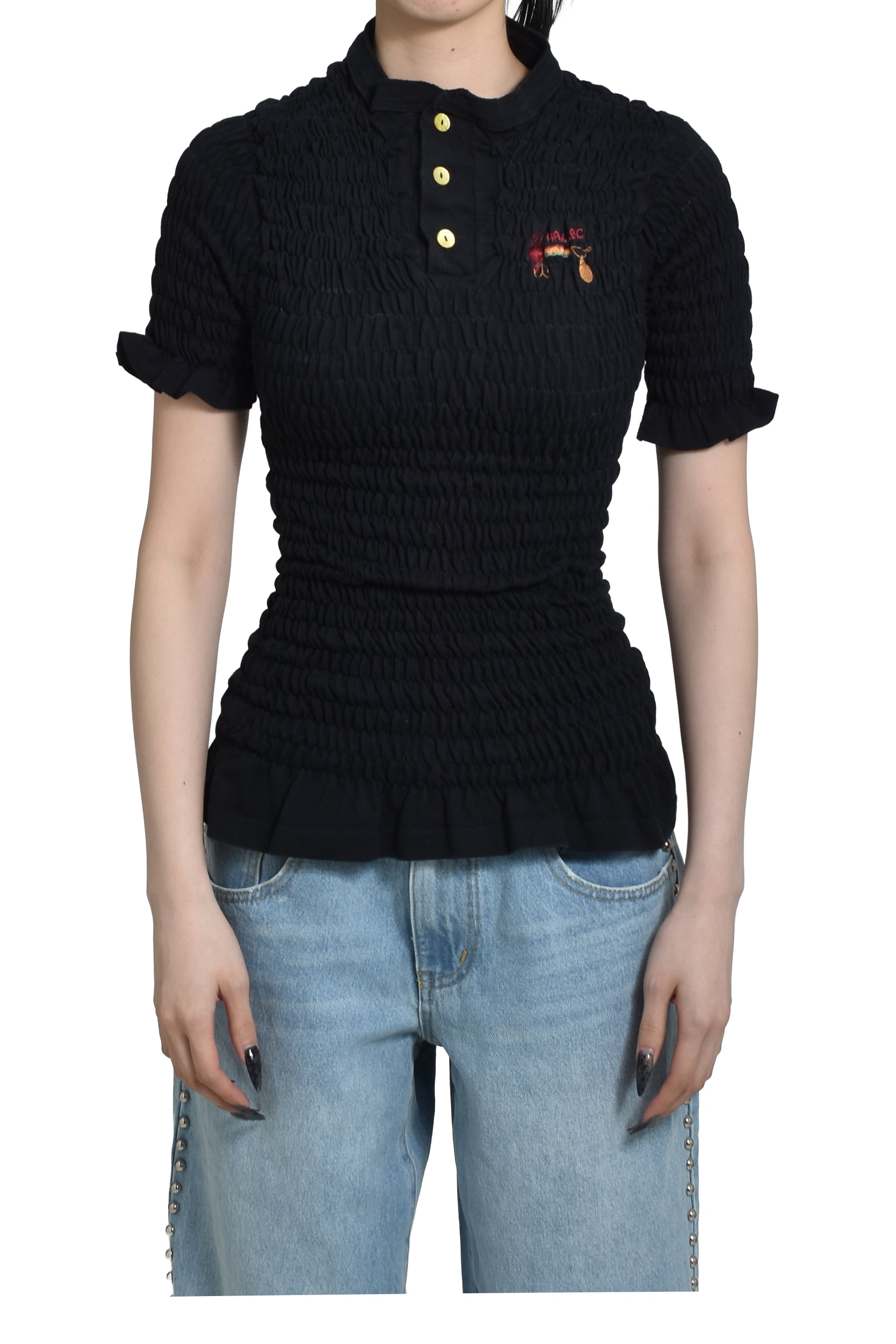 RECONSTITUTED SHIRRED HENLEY T-SHIRT / BLK
