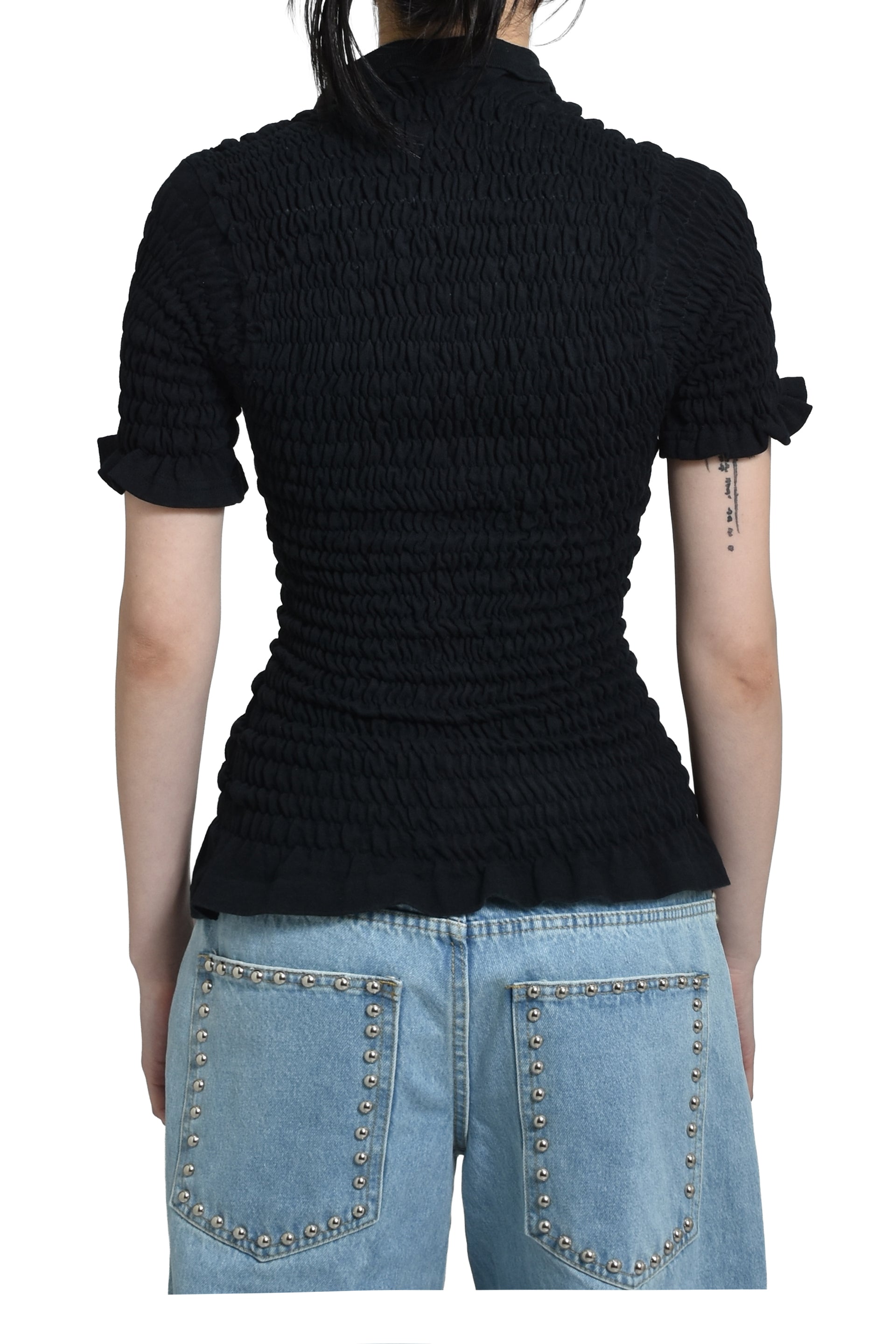 RECONSTITUTED SHIRRED HENLEY T-SHIRT / BLK