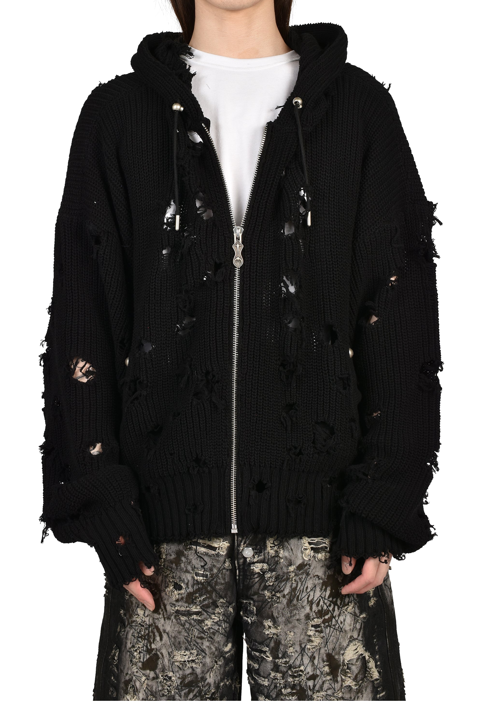 Thug Club SS26 TC DESTROYED KNIT ZIP-UP HOODIE / BLK - NUBIAN