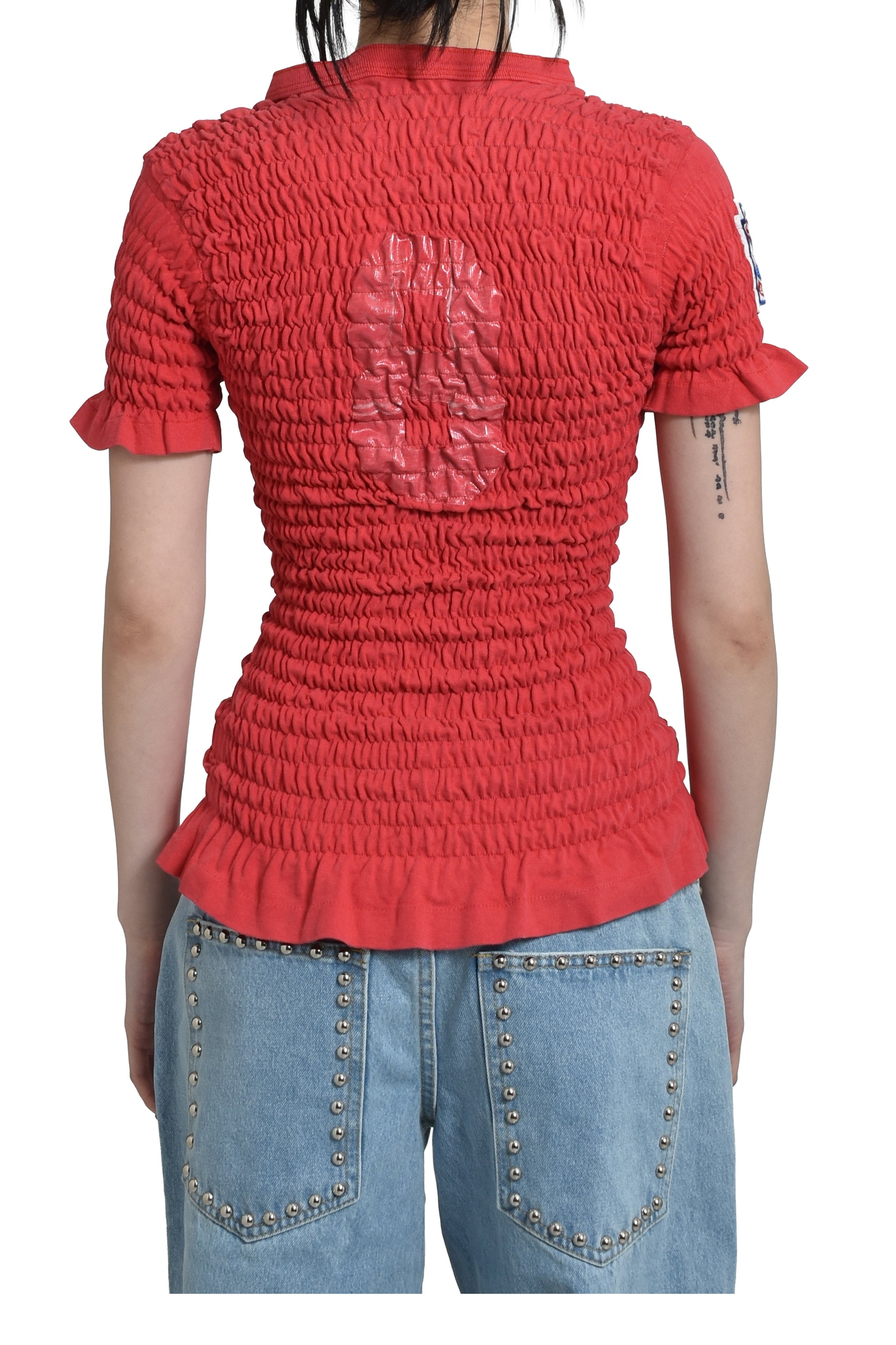 RECONSTITUTED SHIRRED HENLEY T-SHIRT / RED