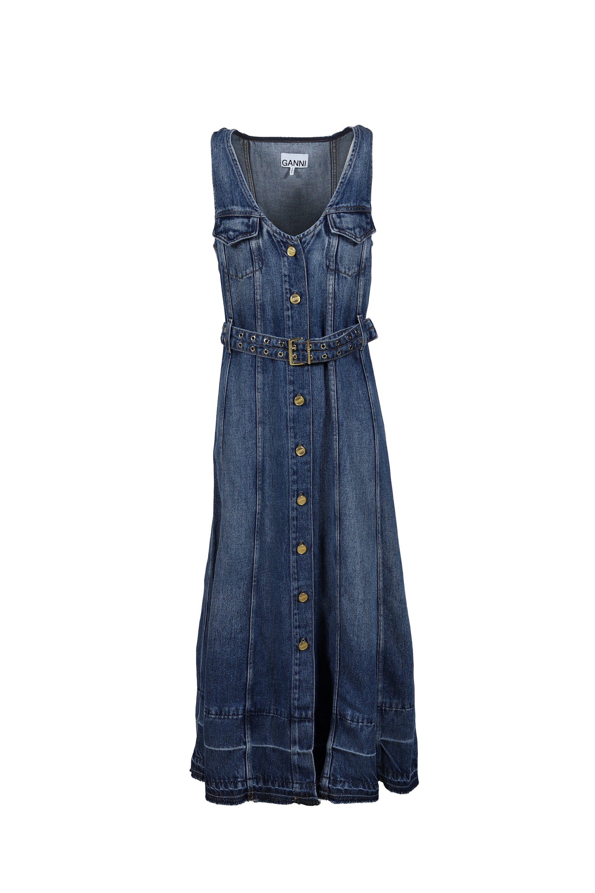 GANNI LIGHT DENIM BELT MIDI DRESS / MID BLU VINTAGE