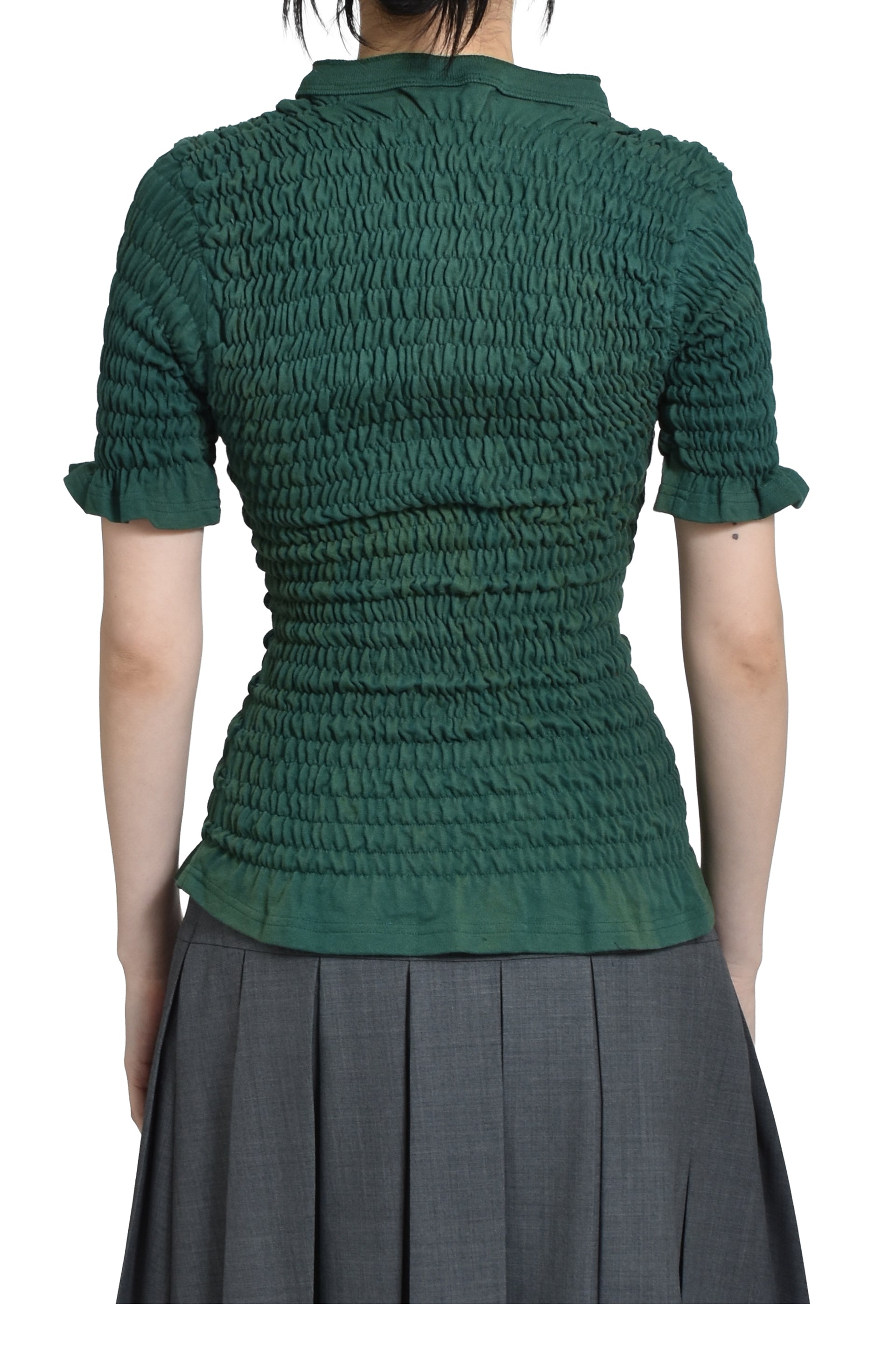 RECONSTITUTED SHIRRED HENLEY T-SHIRT / GRN