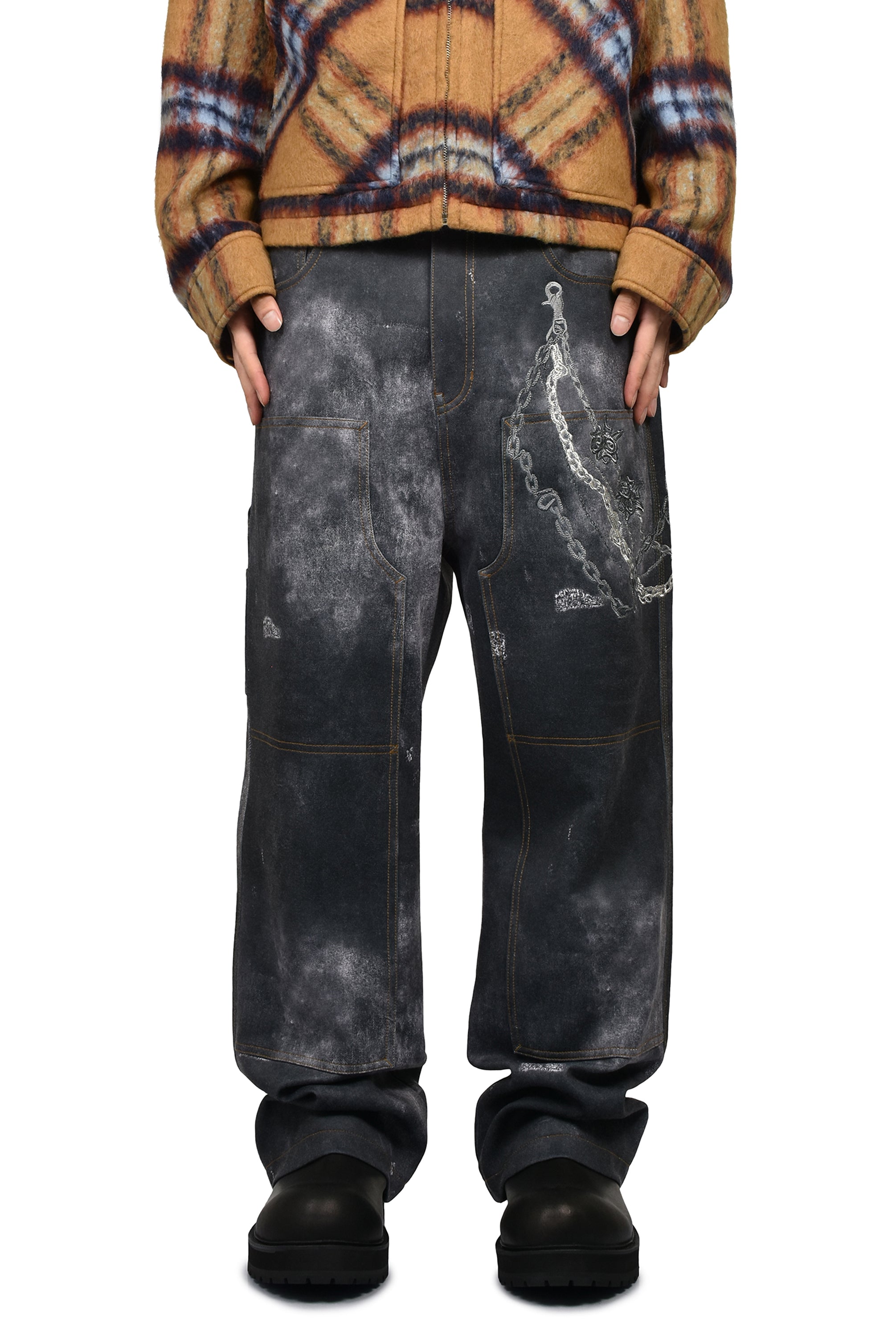 ウェルダンWE11DONE■PIN TUCK BAGGYバギーパンツ We11done ウェルダン FW26 BLACK MENS TROMPE L'OEIL DENIM CARPENTER