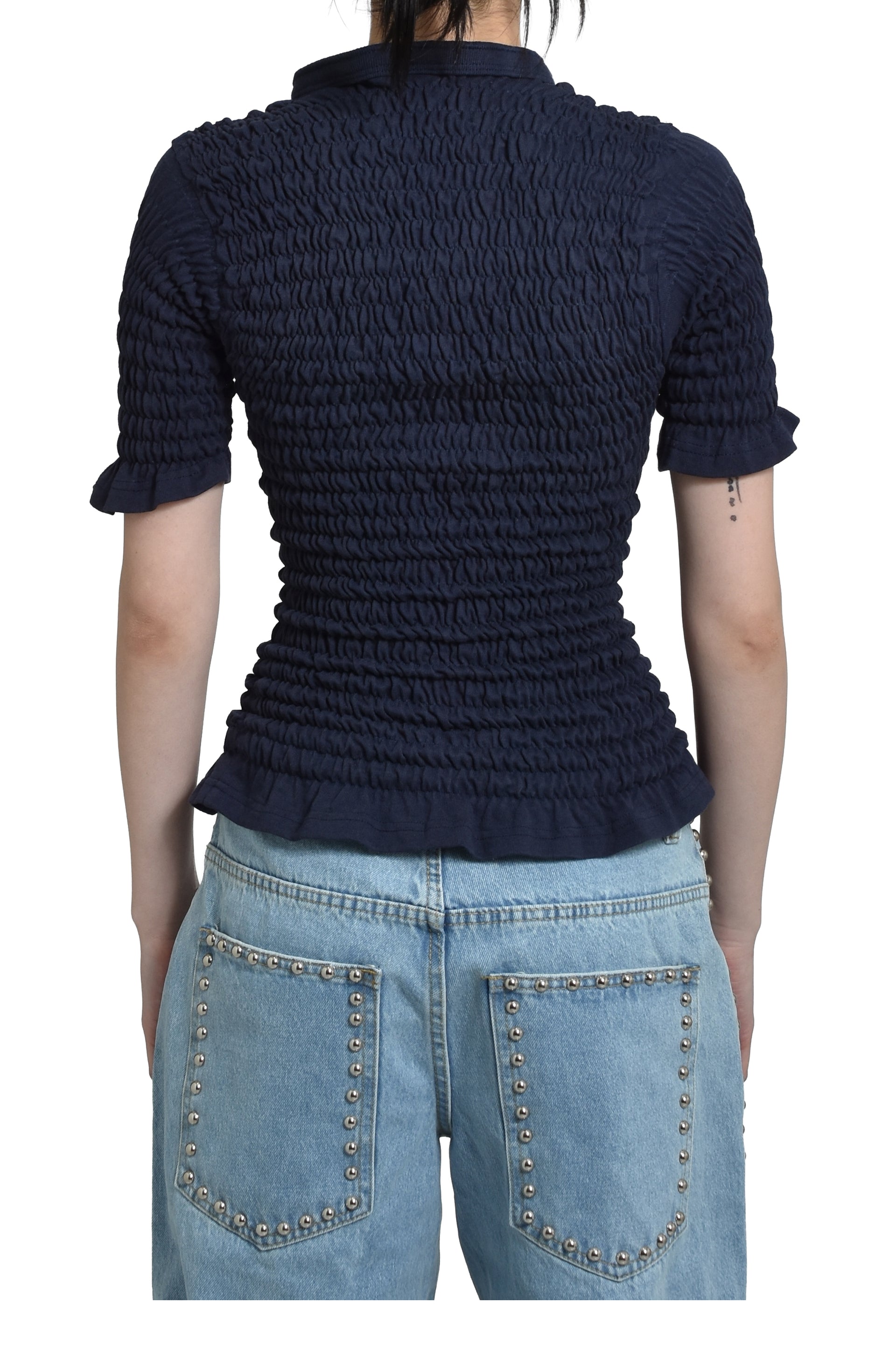 RECONSTITUTED SHIRRED HENLEY T-SHIRT / NVY