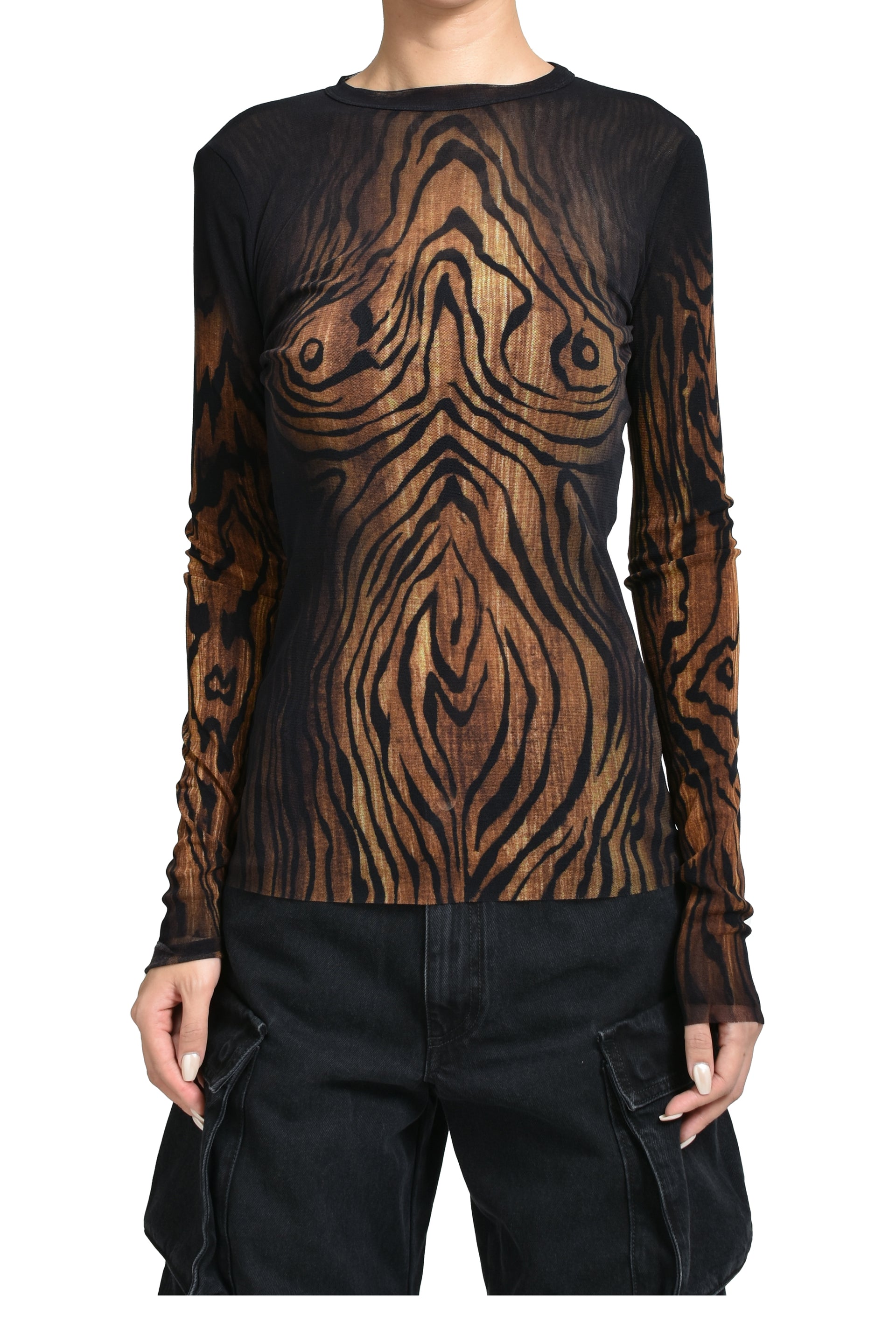MESH LONG SLEEVES TOP PRINTED "WOOD" / BLK BRWN