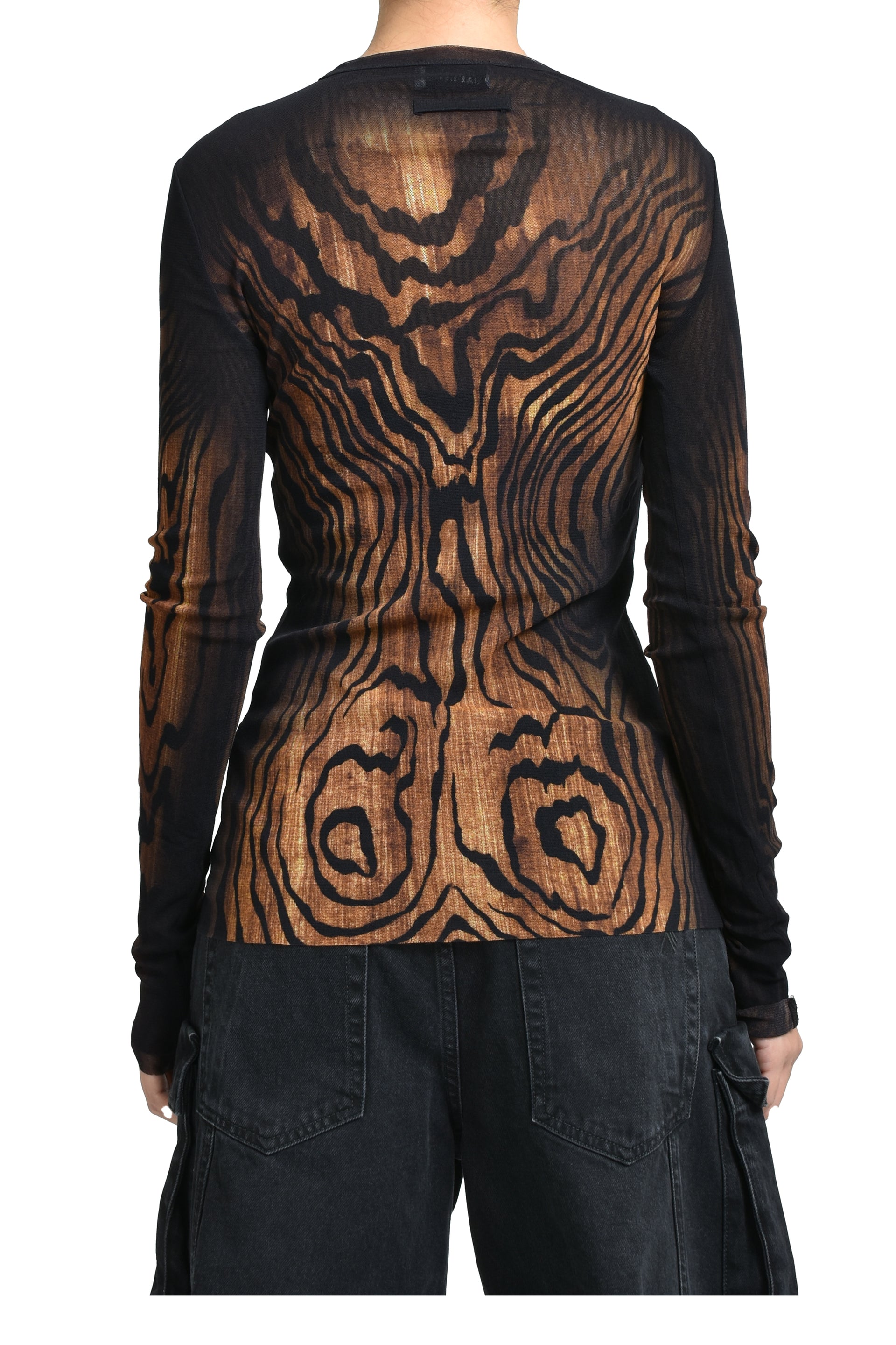 MESH LONG SLEEVES TOP PRINTED "WOOD" / BLK BRWN