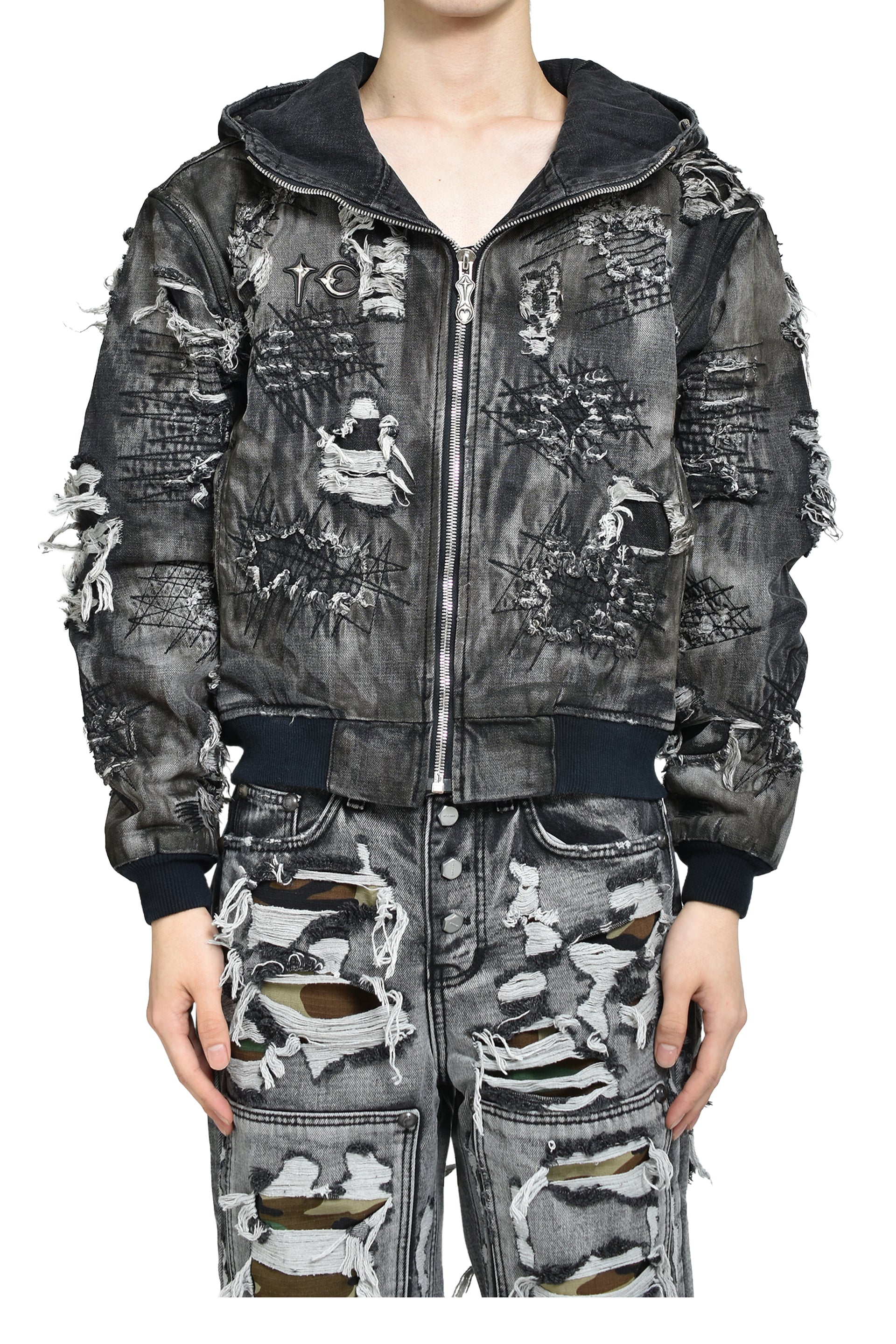 HARD-WASHED DAMAGED DENIM HOODED ZIP-UP / BLK
