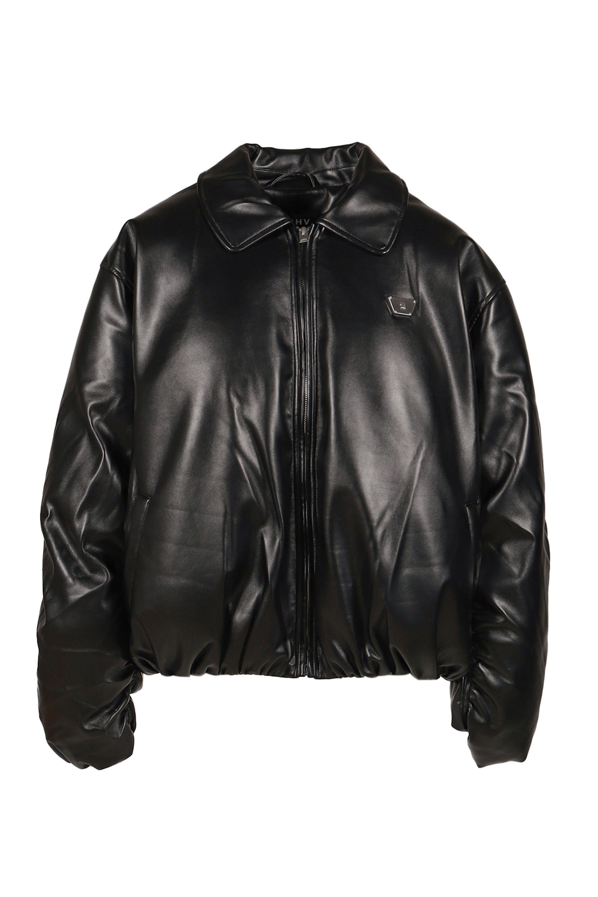 FAUX LEATHER PUFFER BOMBER JACKET / BLK