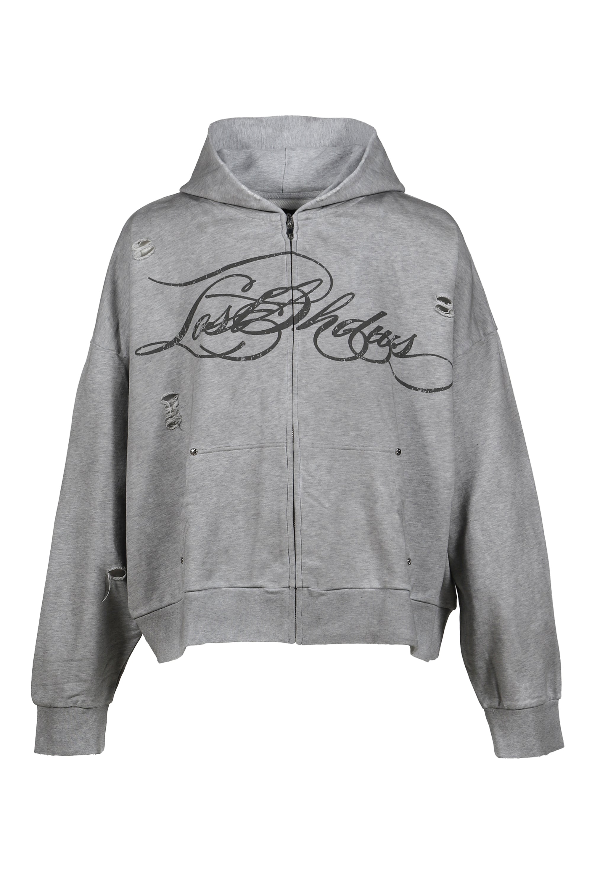 LOSTSHDWS LOST SHADOWS SS26 DISTRESSED SCRIPT ZIP-UP HOODIE / GRY