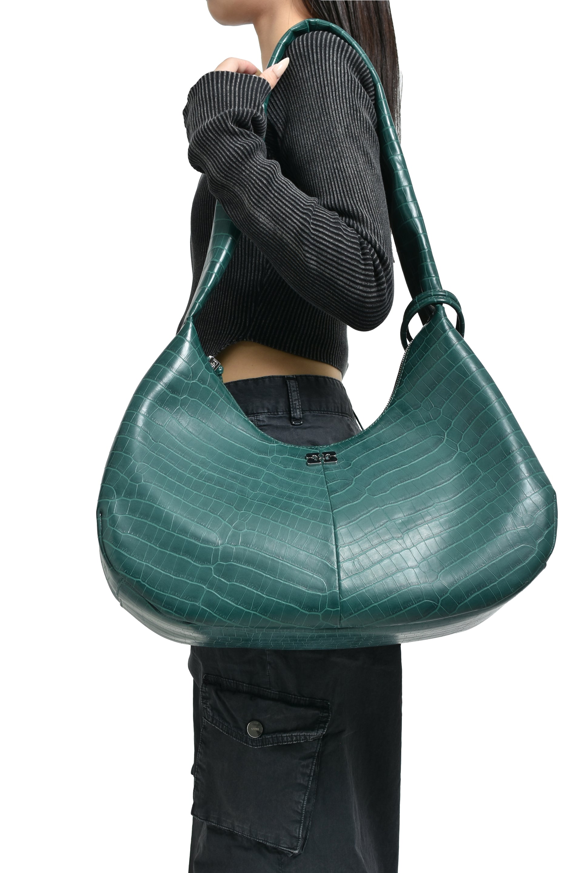 GANNI BOU BAG HOBO MEDIUM CROCO / PINENEEDLE