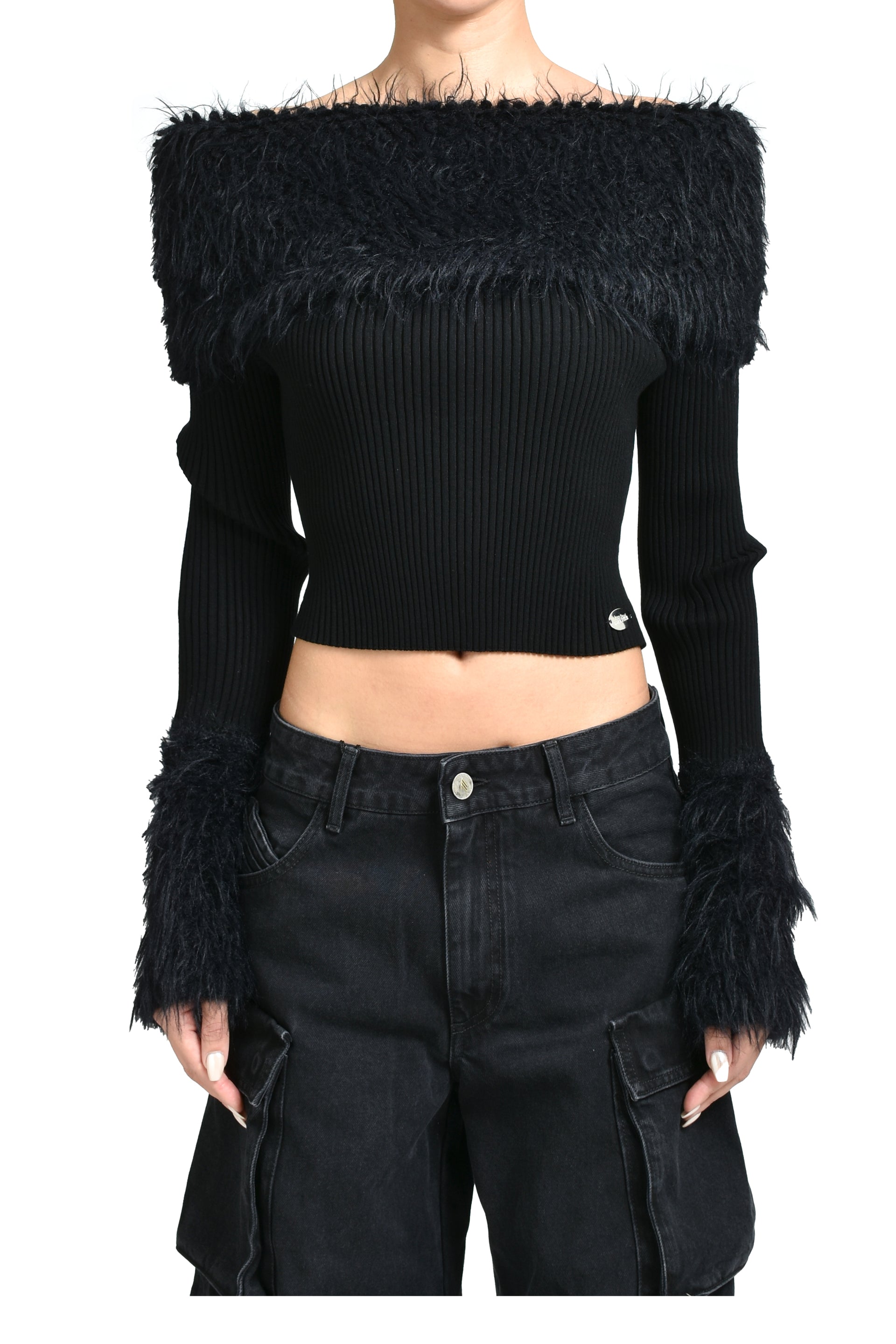 MIX VISCOSE RIBBED AND HAIRY DETAILS SWEATER / BLK
