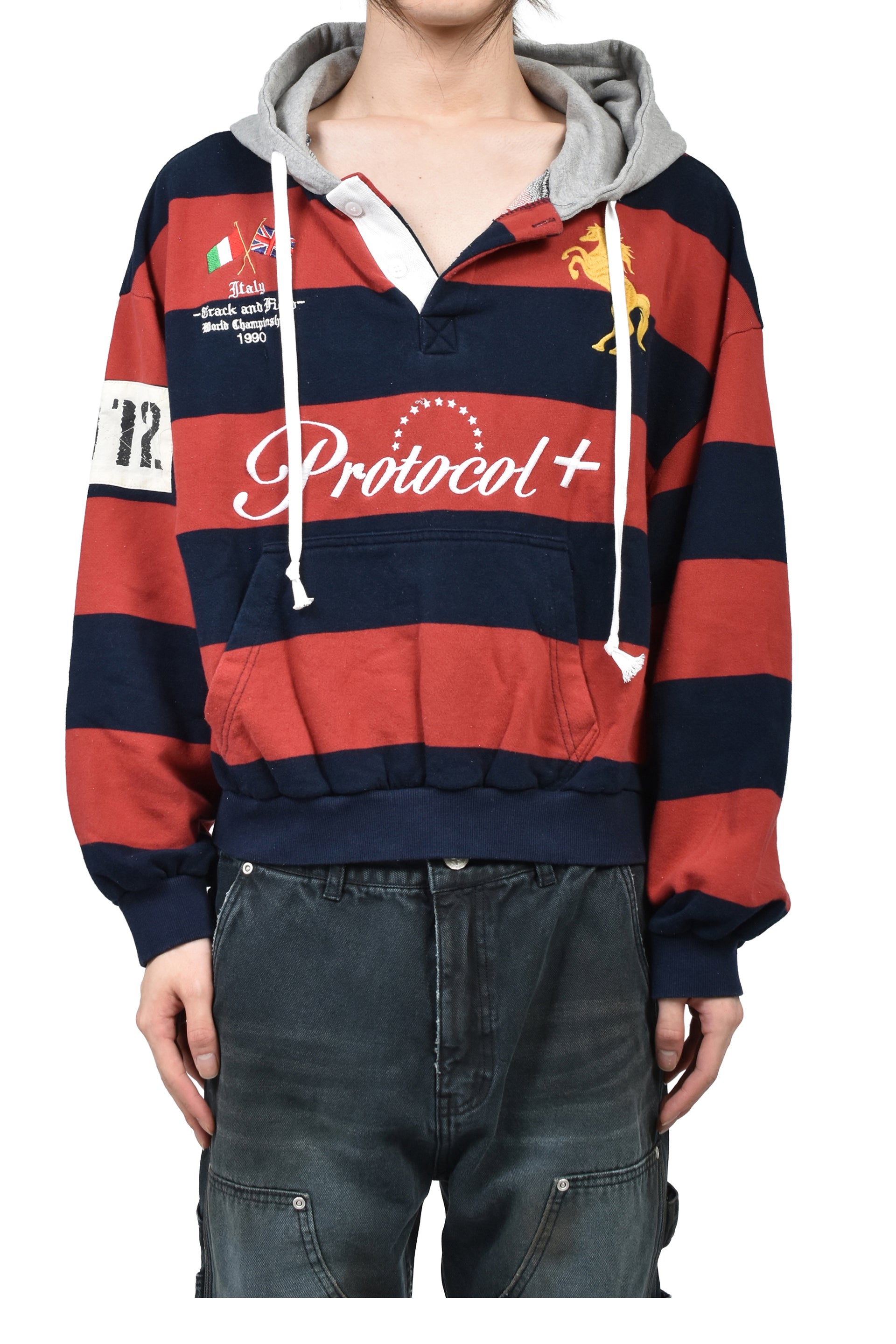 STRIPE POLO HOODIE / RED