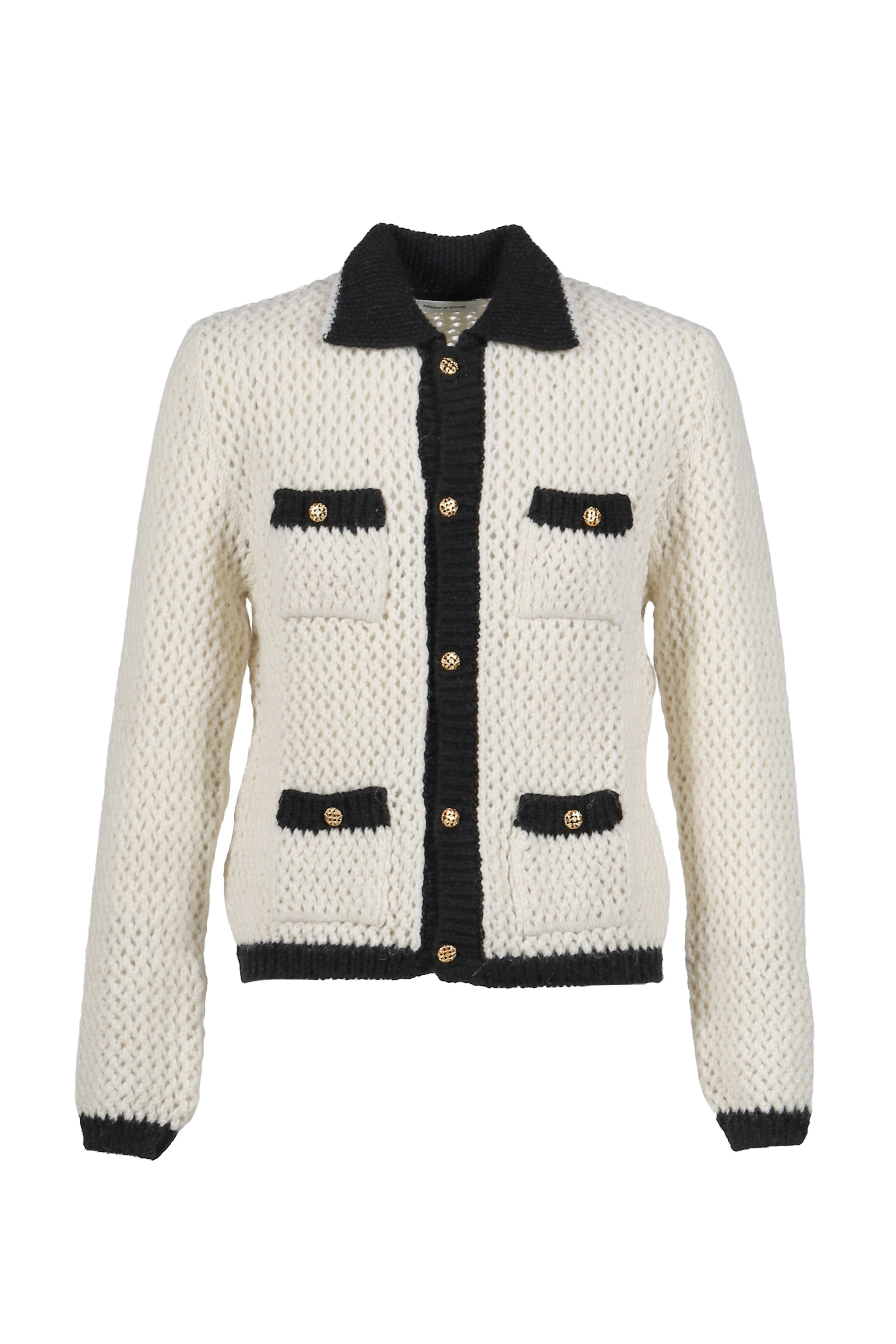 CROCHET CONTRAST POCKET CARDIGAN / WHT BLK