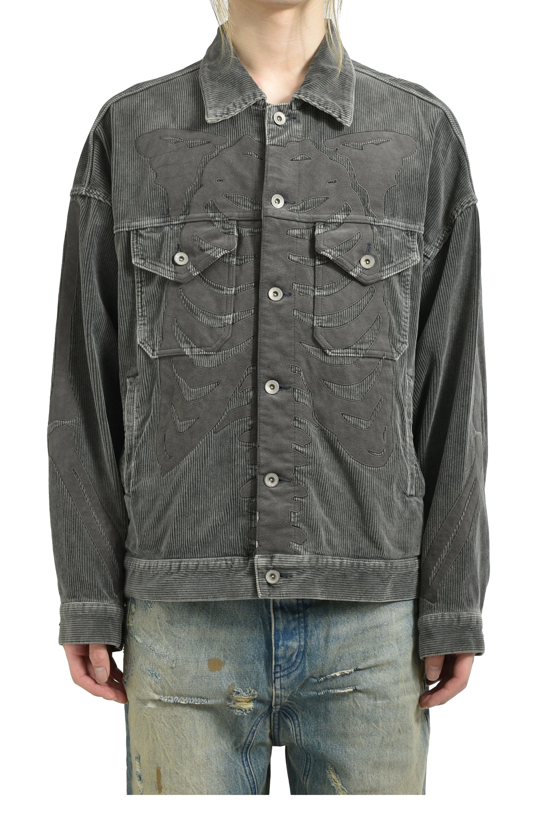 BONE APPLIQUE CORDUROY JACKET / GRY