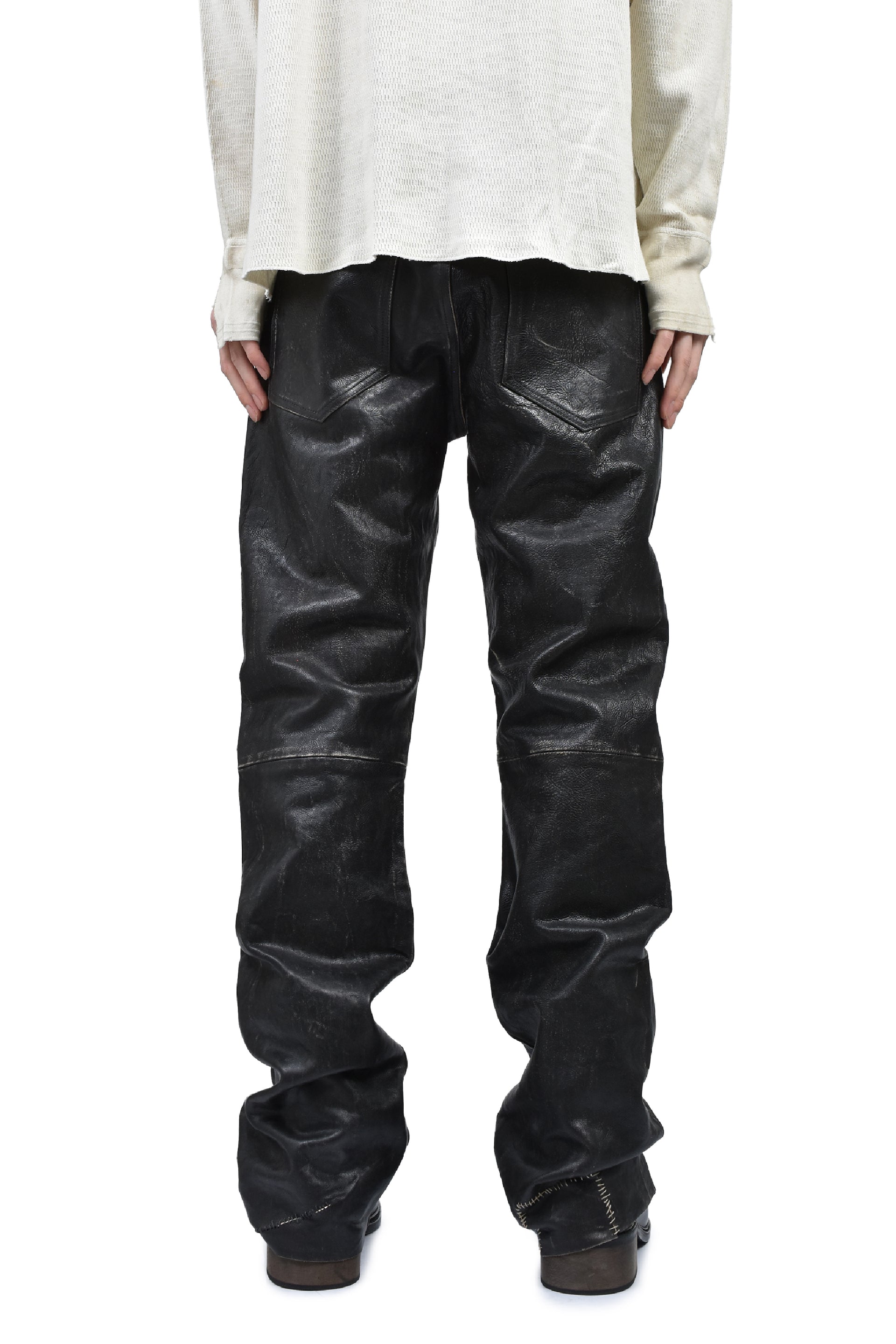 CRUST REPAIRED LEATHER FLARE JEANS / BLK SAND