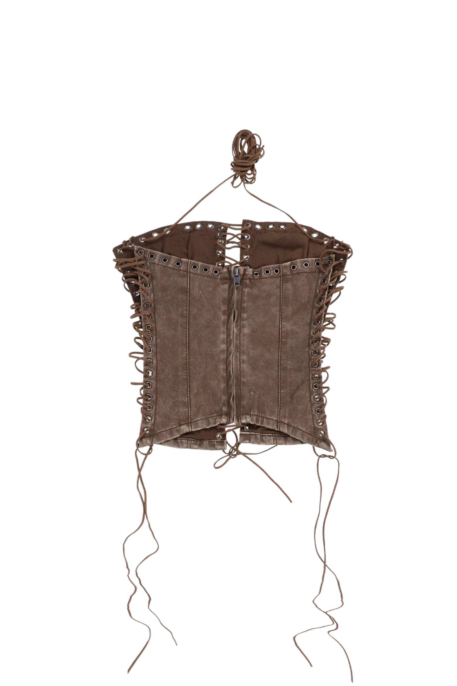 ODILE BROWN FAUX LEATHER LACE UP CORSET / BRWN