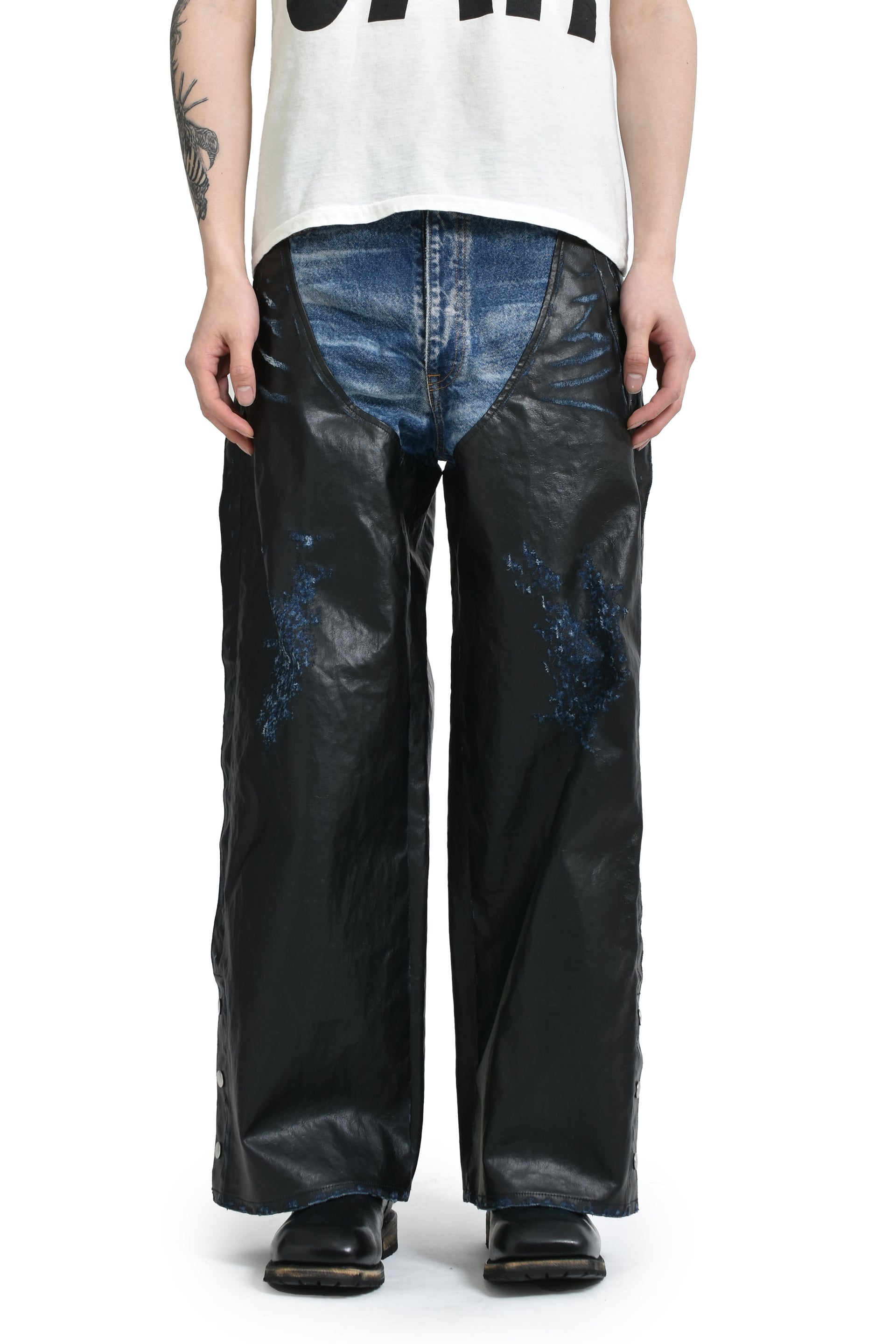 doublet LEATHER COATING DENIM CHAPS PANTS / BLK