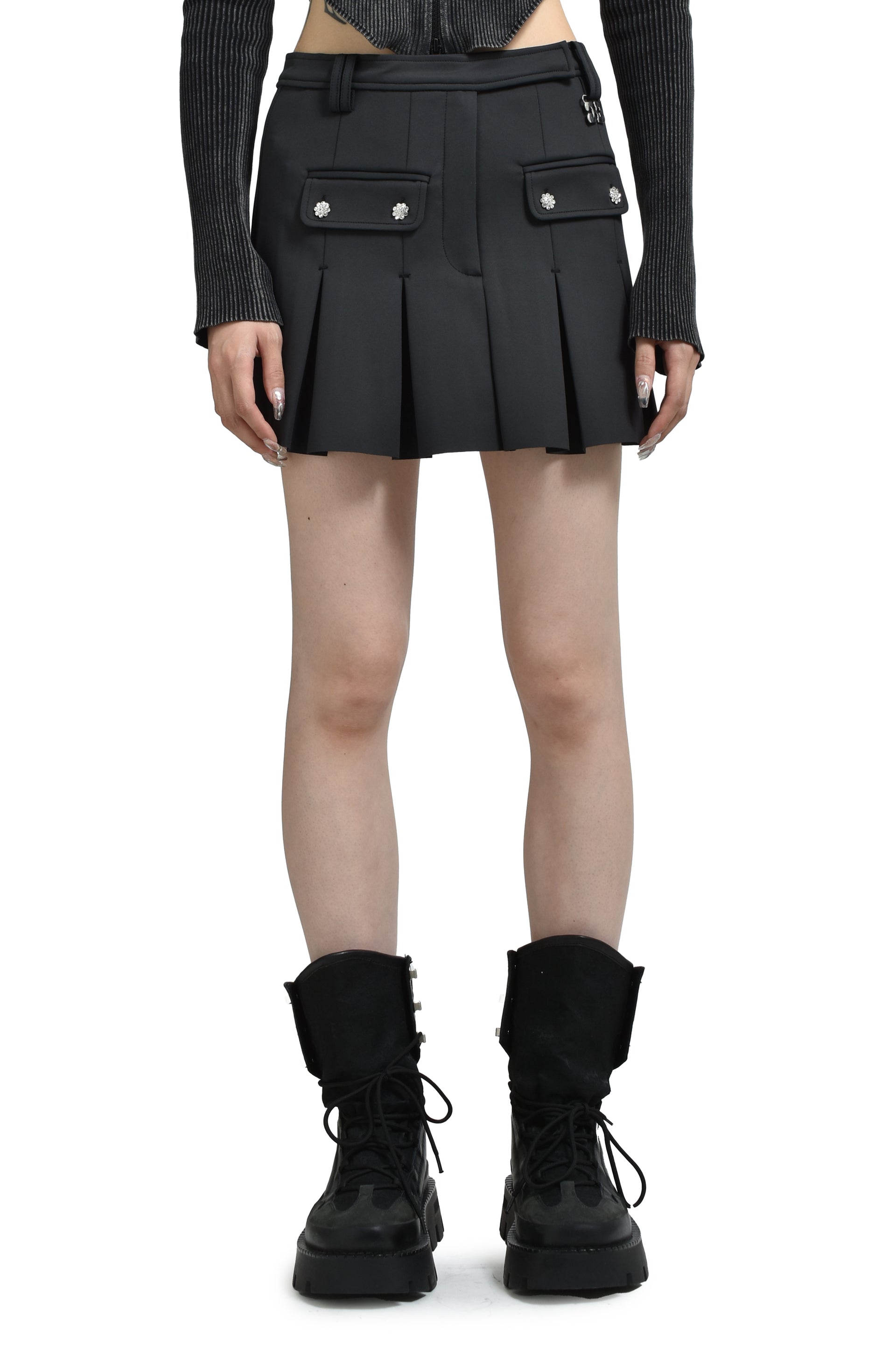 SCUBA NEOPRENE PLEATED MINI SKIRT / PHANTOM