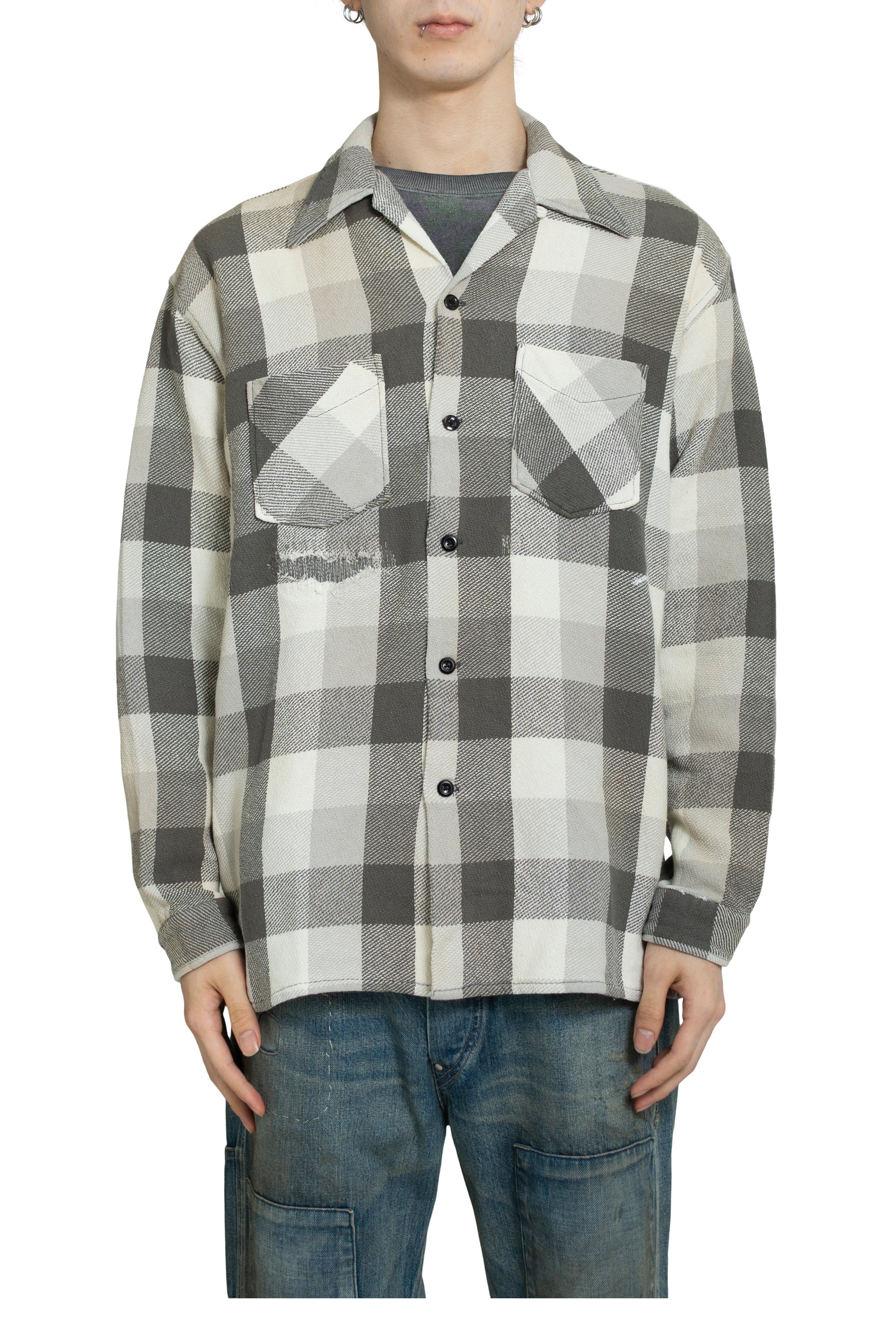 DAMAGED AND STAINED FLANNEL SHIRT / AGED GRY×WHT