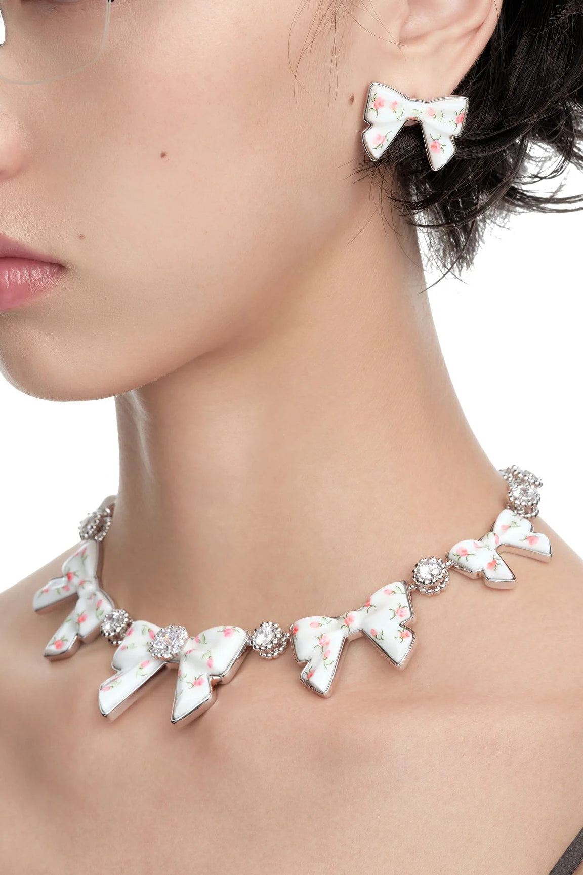 CERAMICS BOWKNOT ZIRCON NECKLACE / PNK GRN