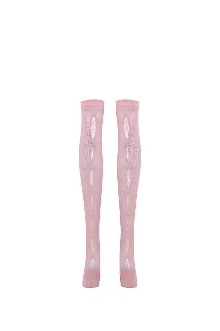 PINK BOWNOT BLACK LACE MID-CALF SOCKS / PNK