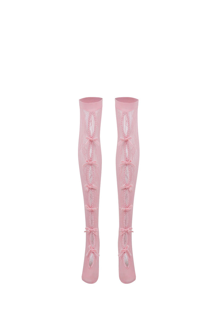 PINK BOWNOT BLACK LACE MID-CALF SOCKS / PNK