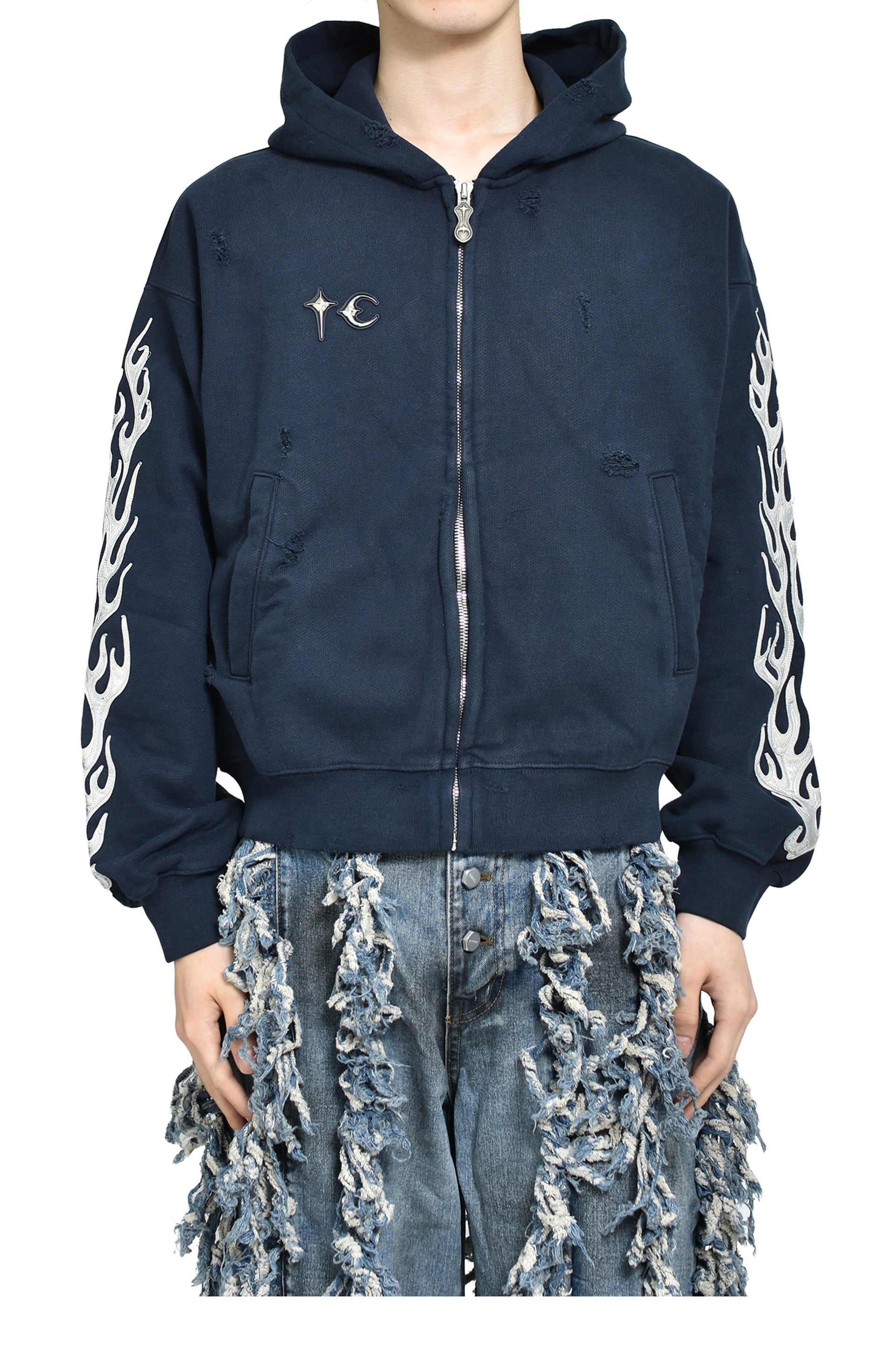 LEATHER FLAME HOODED ZIP-UP / NVY