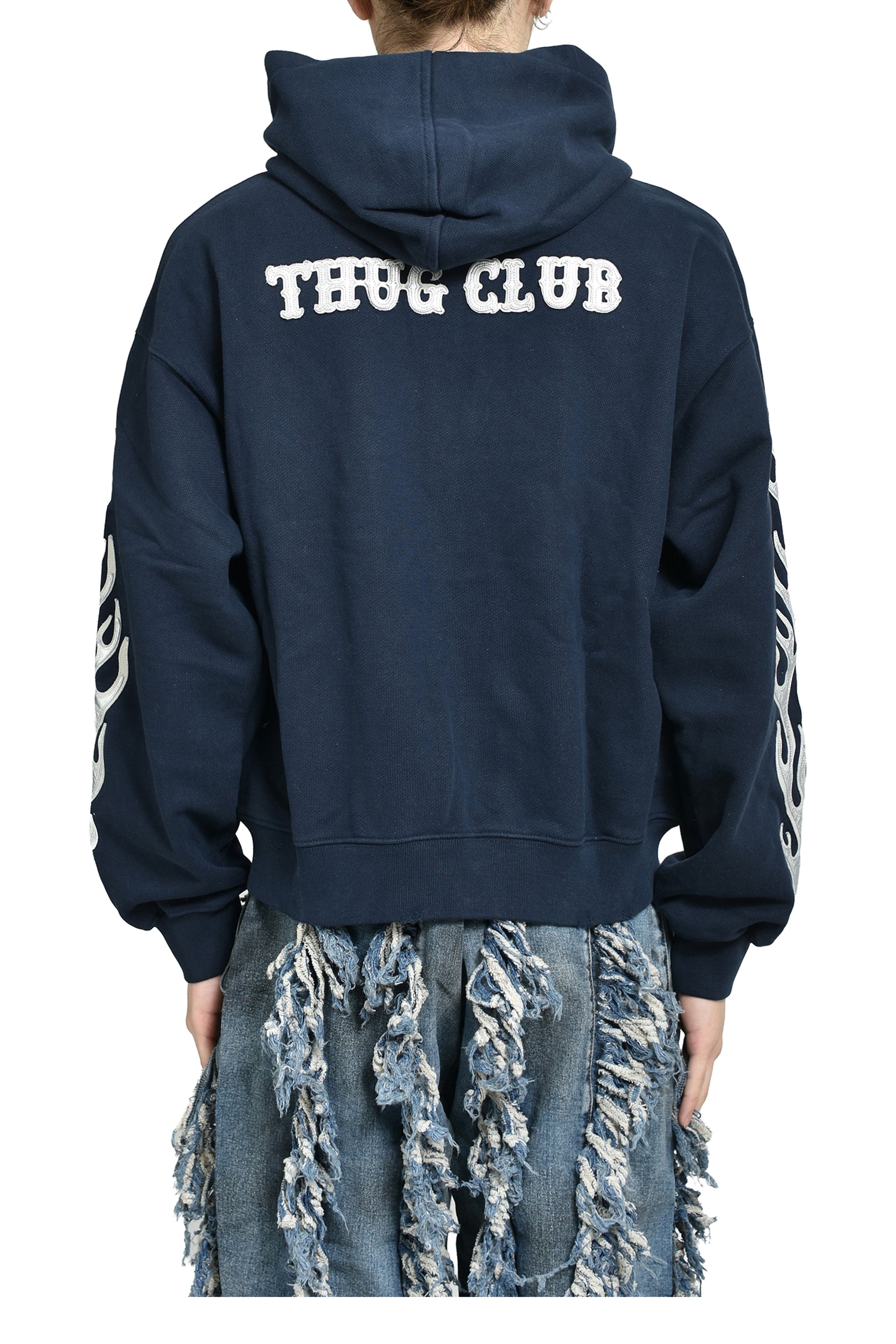 LEATHER FLAME HOODED ZIP-UP / NVY