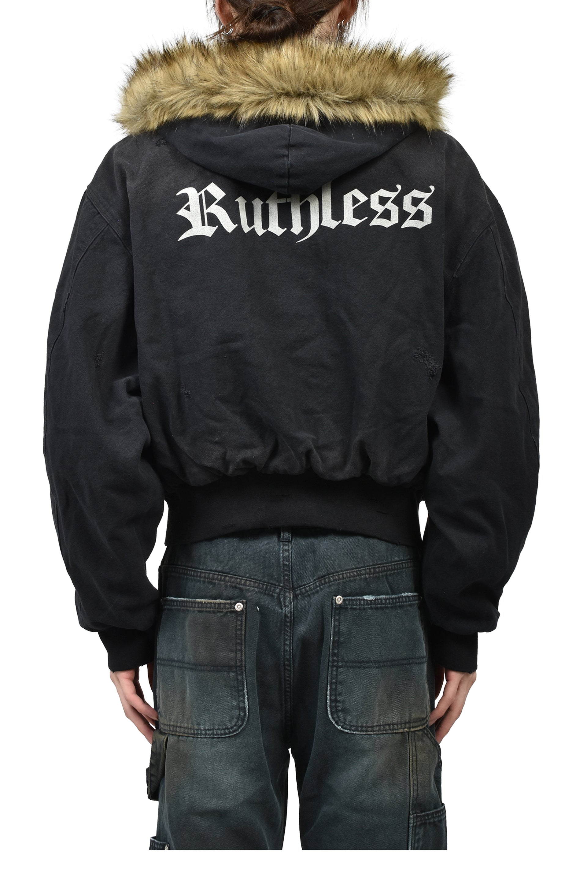 DETACHABLE FUR HOODIED WORK JACKET / BLK