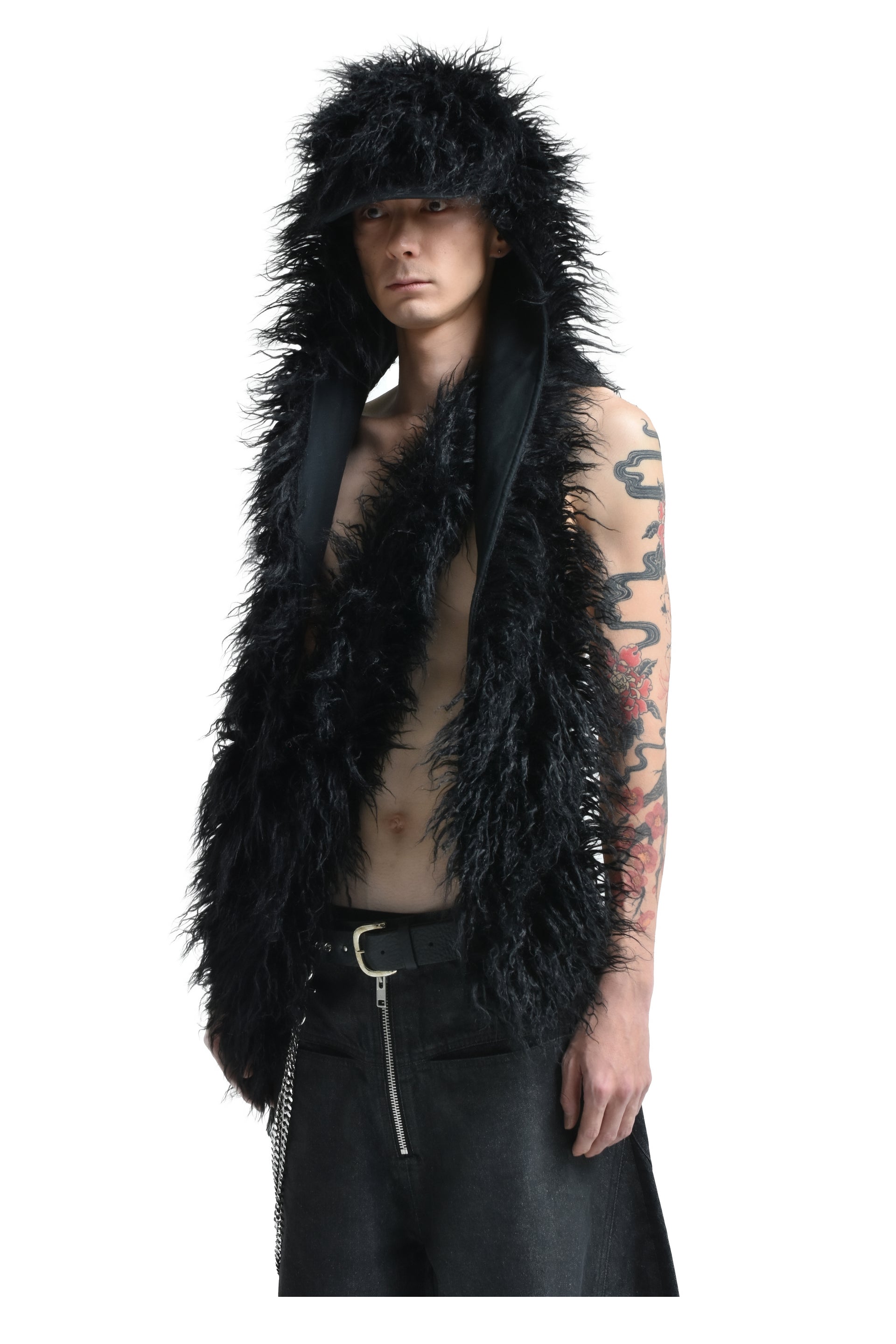HAIRY FUR SCARF CAP / BLACK