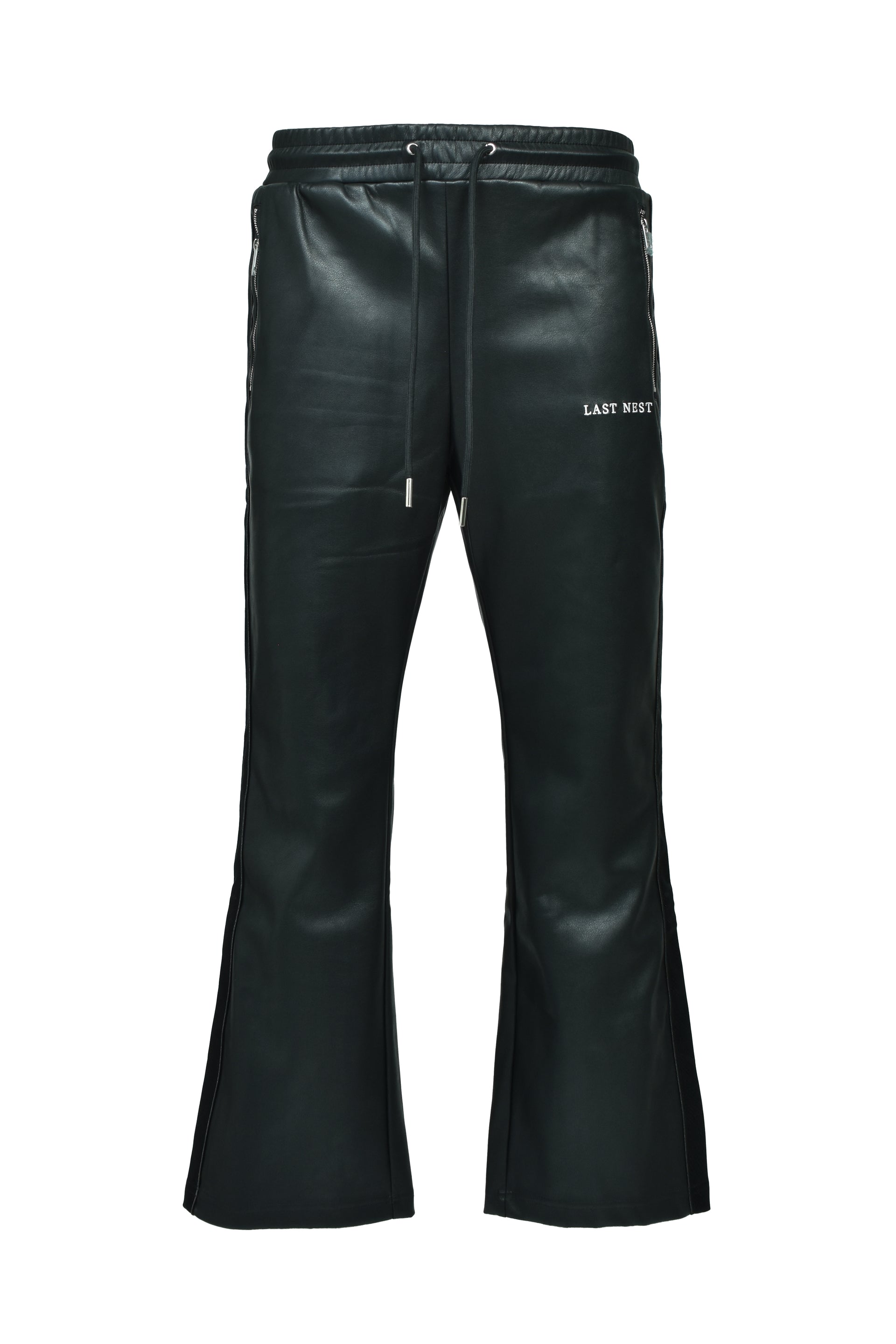 FAUX LEATHER TRACK PANTS / BLK