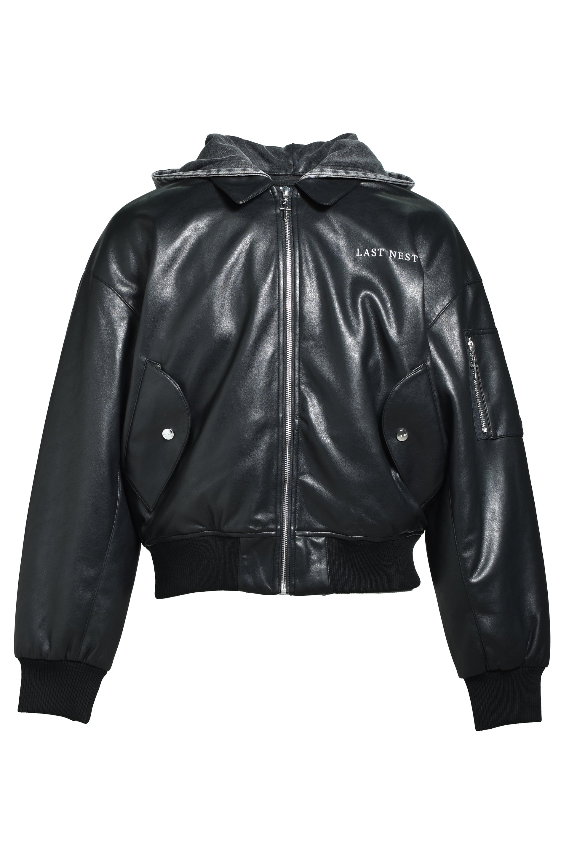 HOODED FAUX LEATHER FLIGHT JACKET / BLK